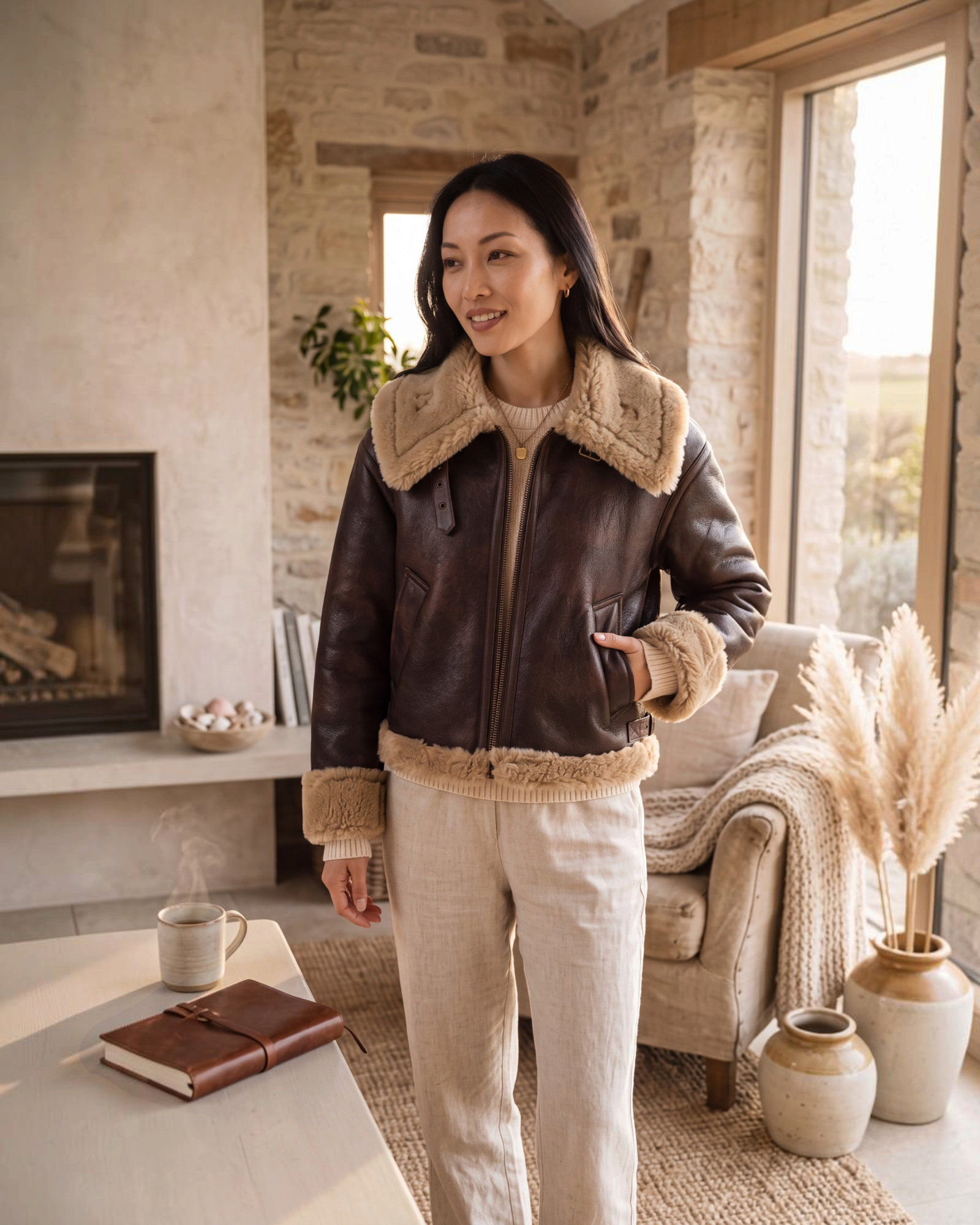 Beach Rose Co. brown faux leather aviator jacket with tan faux shearling collar and cuffs in a cozy living room.