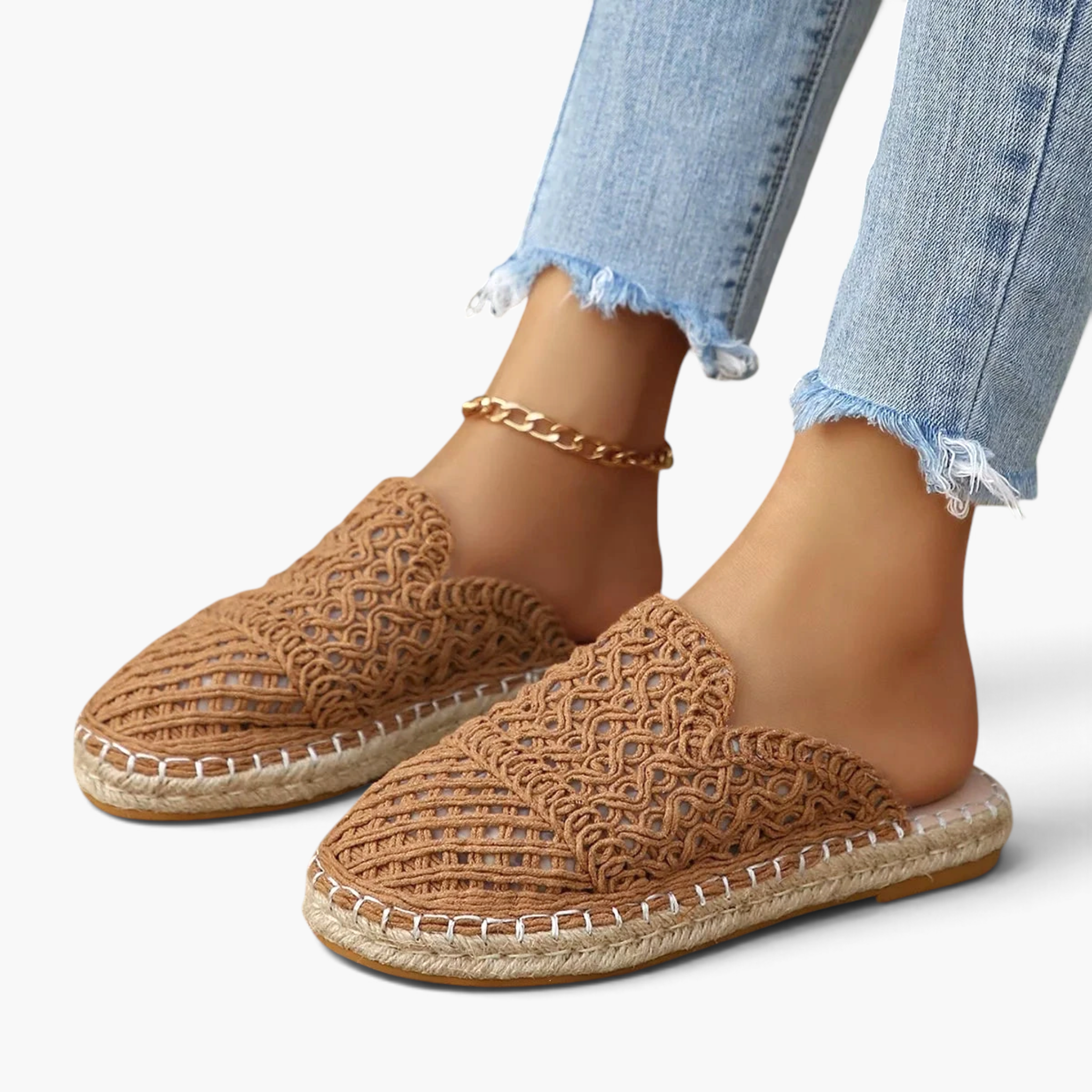 Beach Rose Co. tan crochet-style mesh espadrille mules with braided sole trim and closed round toe.