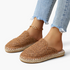 Beach Rose Co. tan crochet-style mesh espadrille mules with braided sole trim and closed round toe.