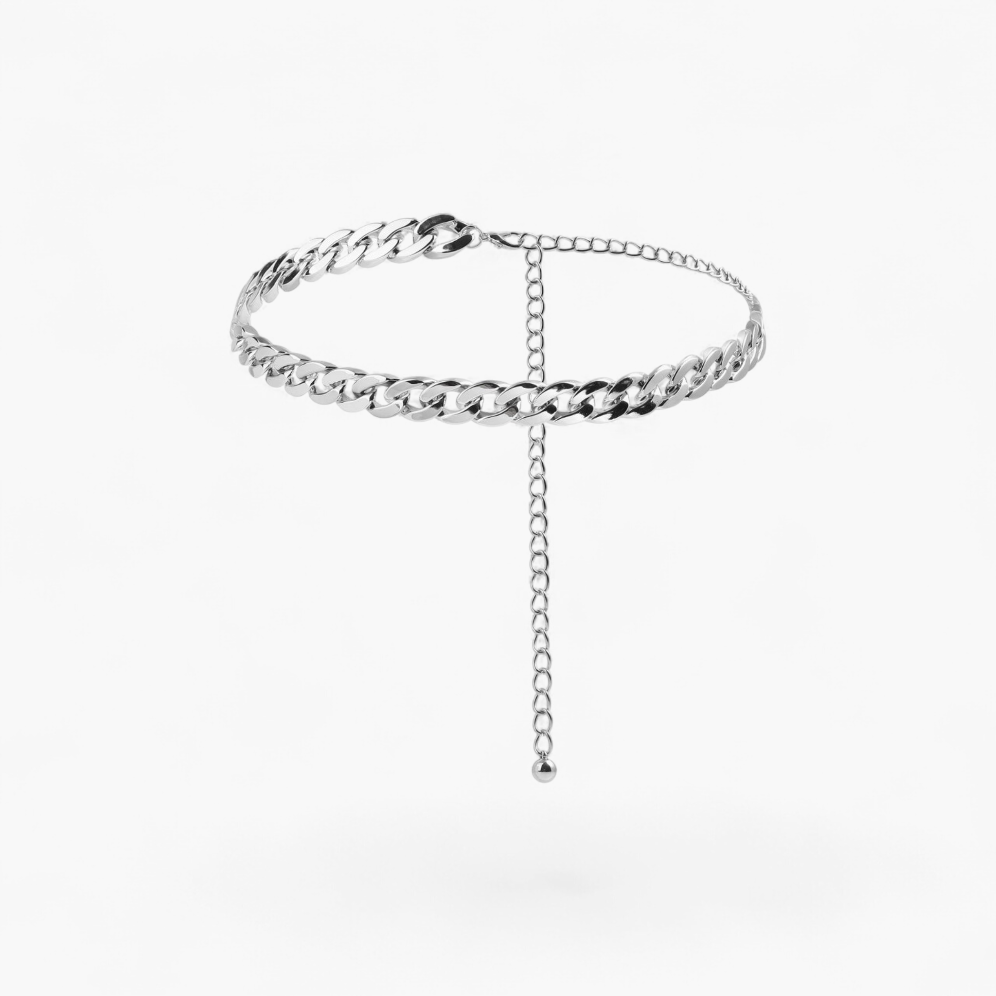 Beach Rose Co. silver-tone adjustable aluminum curb chain belt with a dangling extender chain.