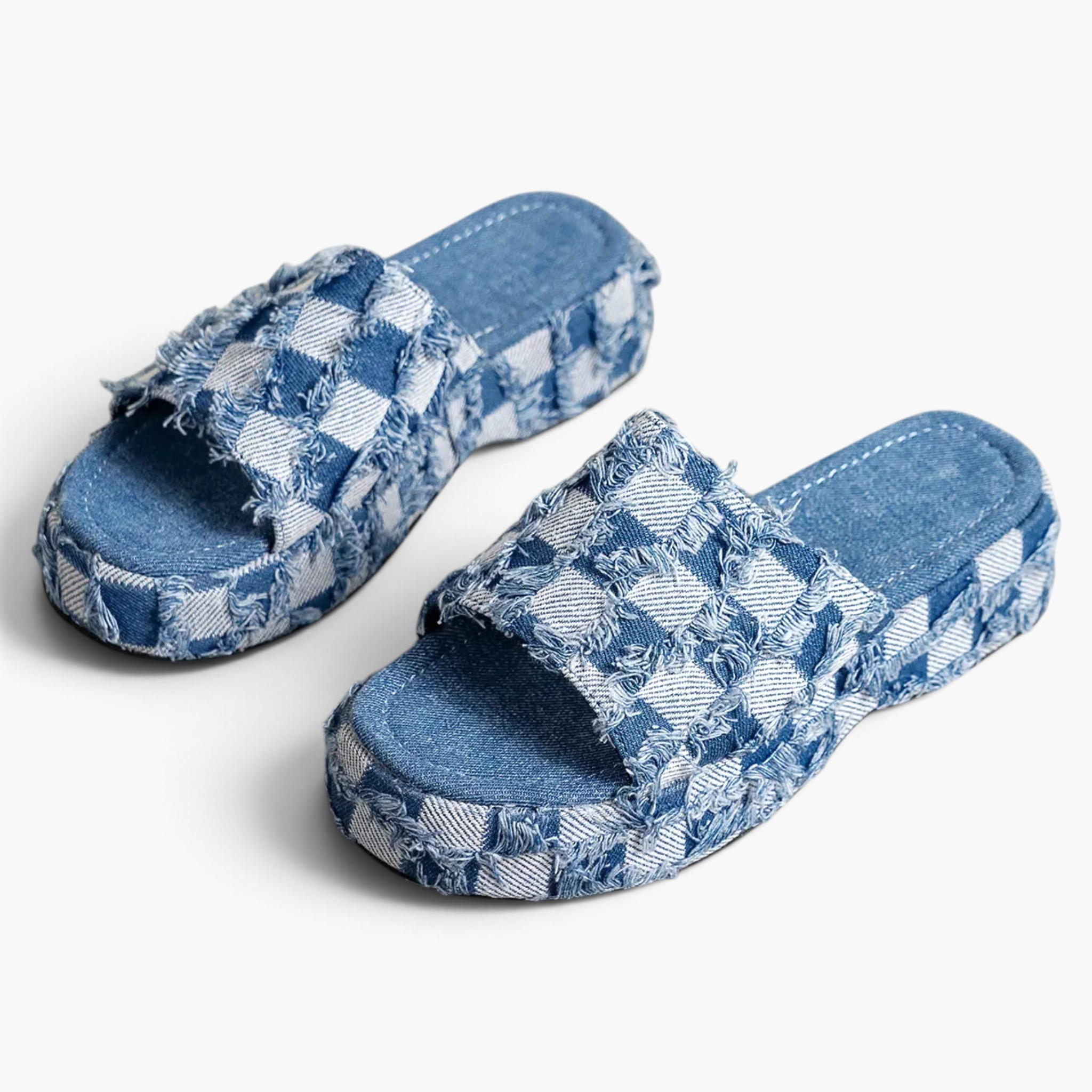 Beach Rose Co. blue checkered denim platform slides with frayed strap detailing and open toe slip-on design.