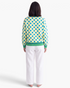 Beach Rose Co. yellow polyester sweatshirt with blue polka dots and green striped trim, back view.