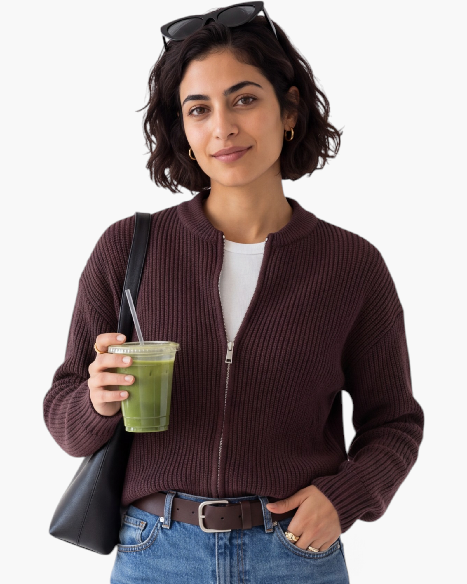 Beach Rose Co. coffee brown zip-up knit cardigan with ribbed trim and relaxed sleeves worn by a woman.