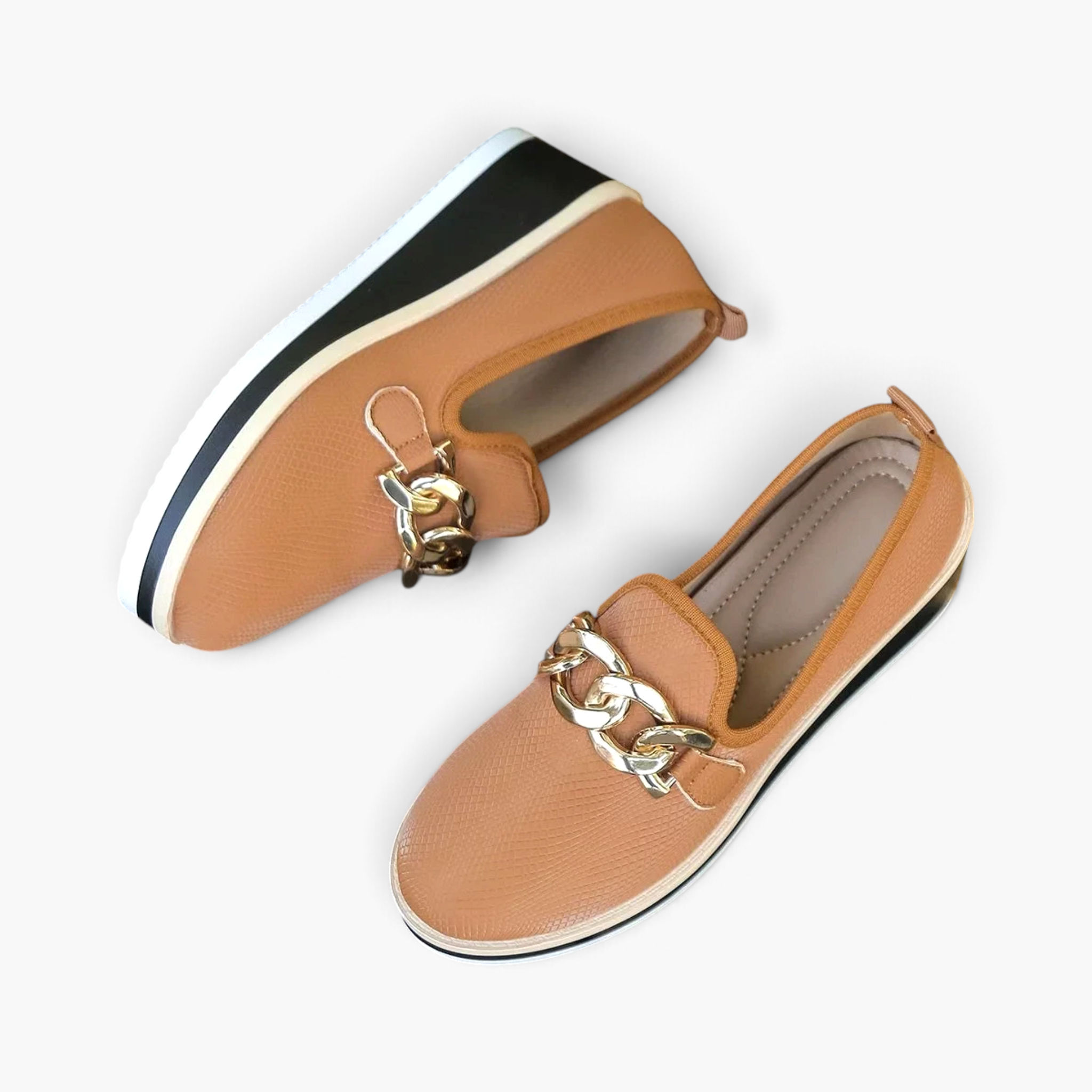 Beach Rose Co. tan textured PU leather wedge loafers featuring a chunky gold chain accent and a rounded toe.