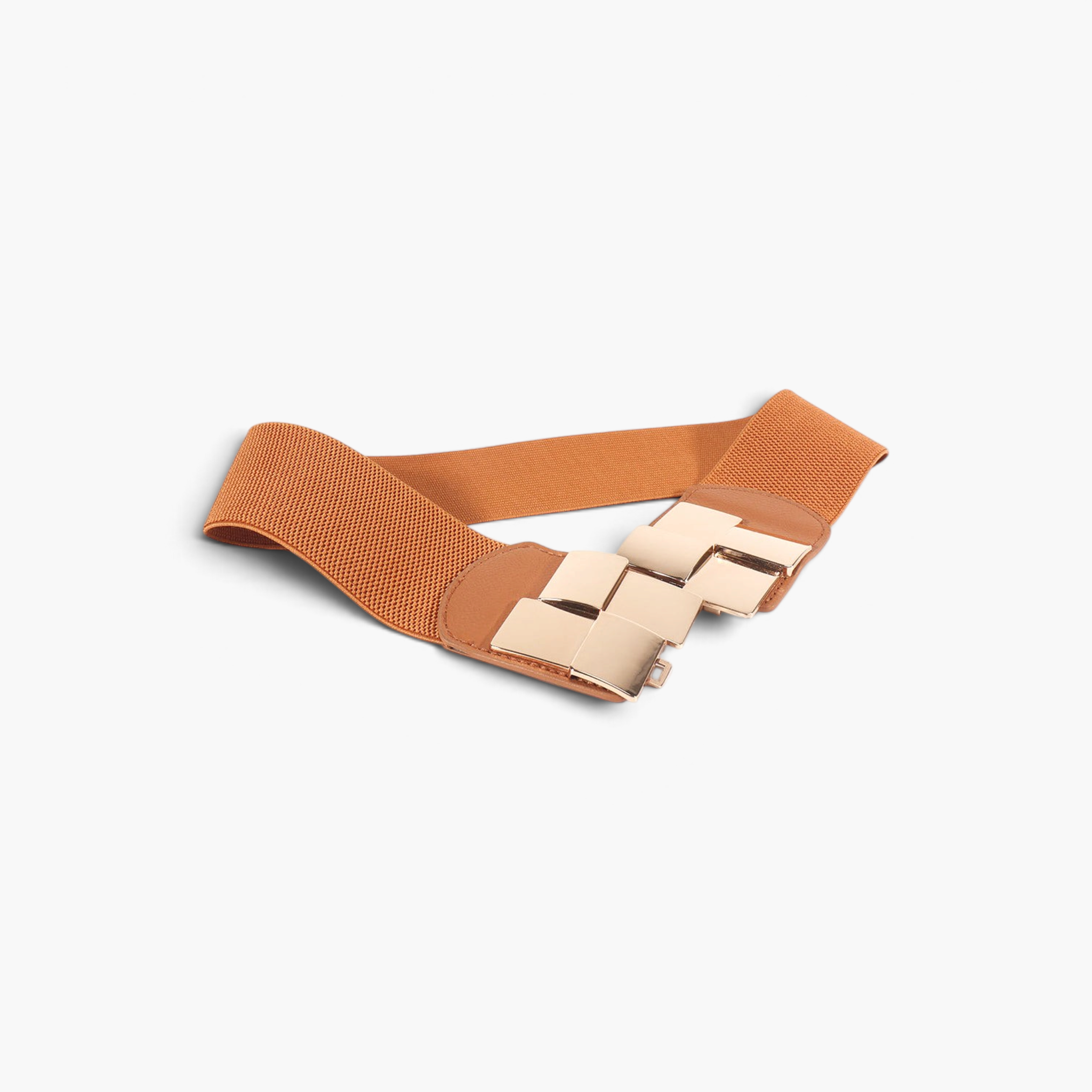 Beach Rose Co. wide tan elastic belt with a gold-tone geometric metal buckle and PU leather accents.