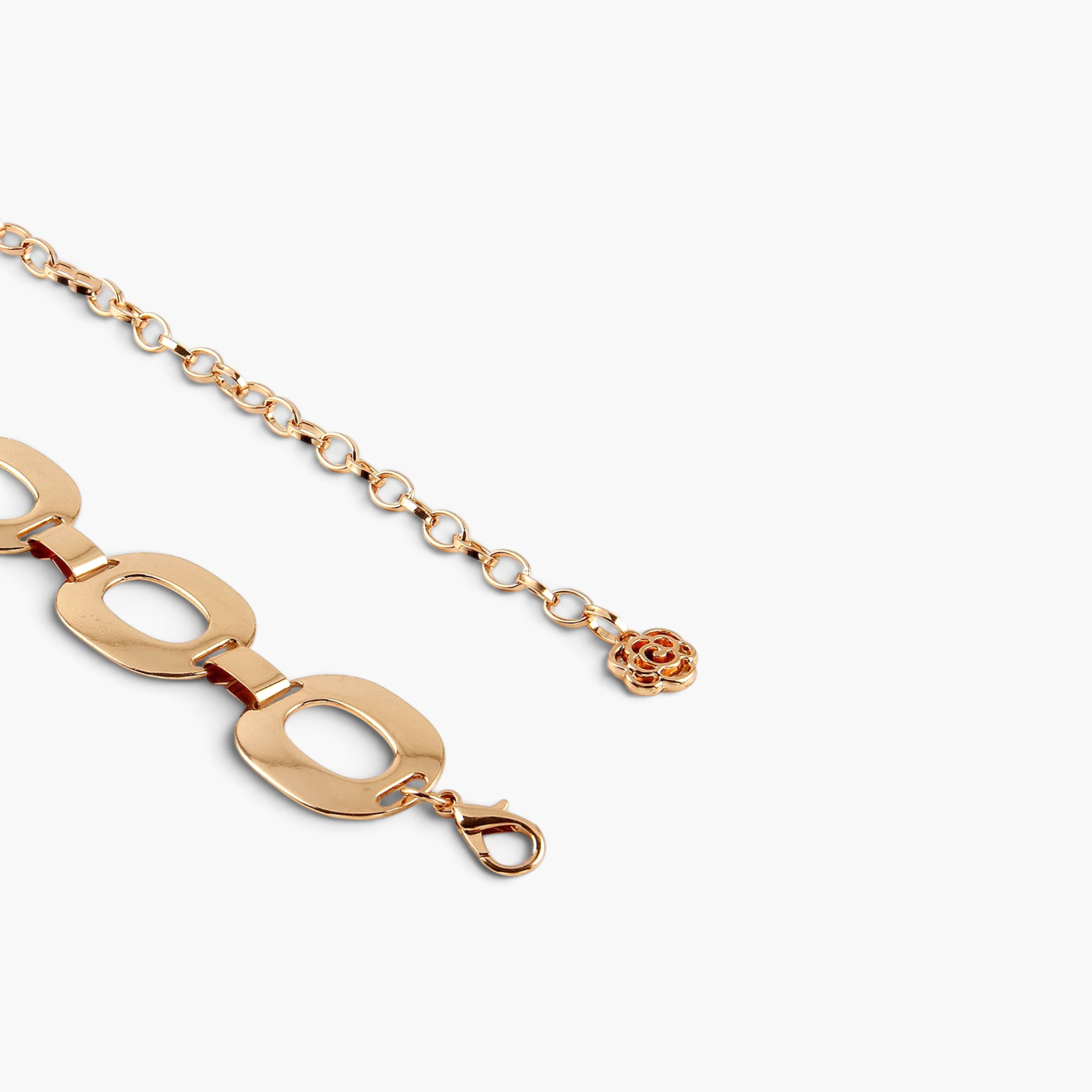 Beach Rose Co. gold-tone ferroalloy chain belt featuring open oval links and a delicate rose charm detail.