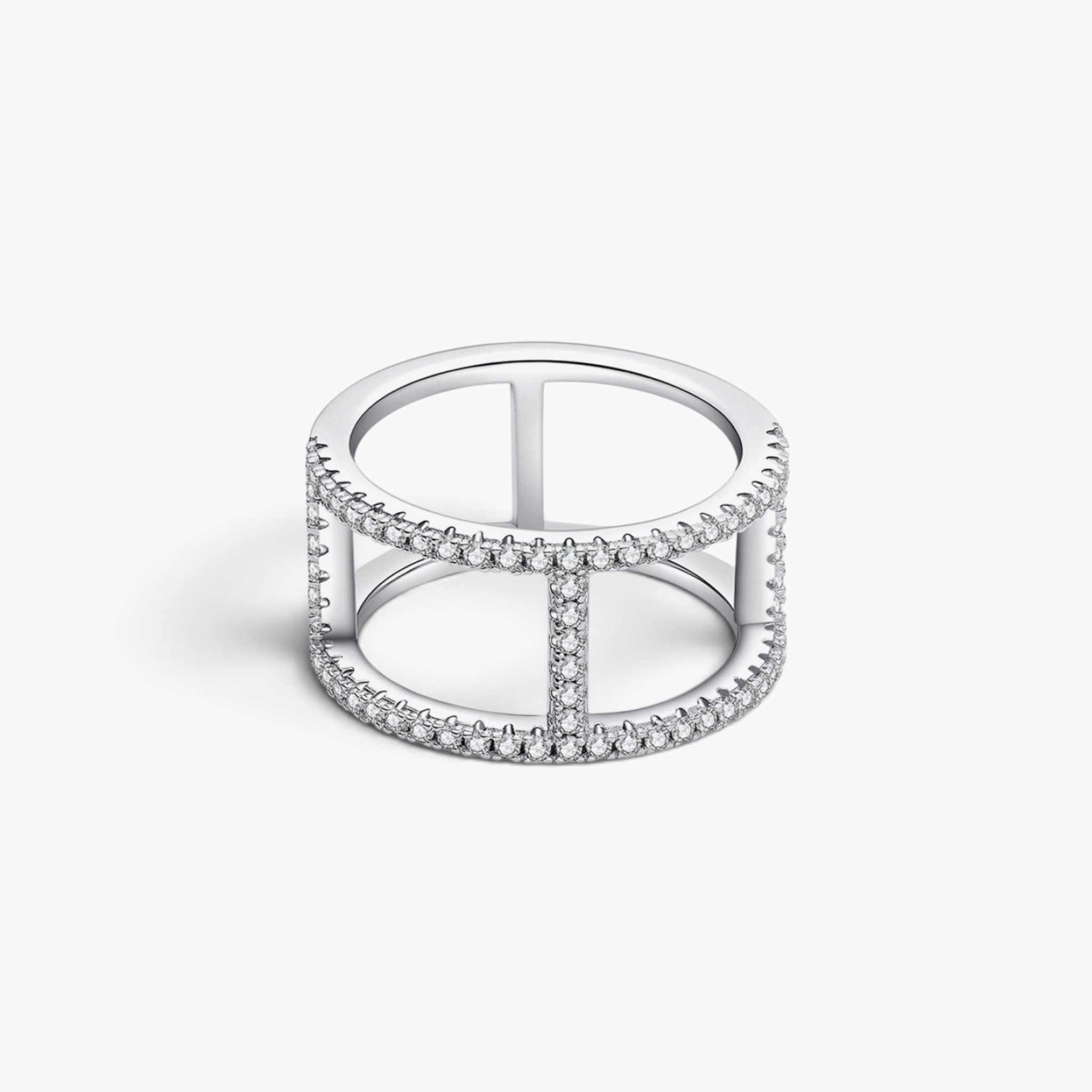Beach Rose Co. sterling silver openwork ring featuring geometric bars and sparkling moissanite stones.