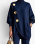 Beach Rose Co. navy blue turtleneck tunic with oversized gold buttons and matching wide-leg pants in polyester knit.
