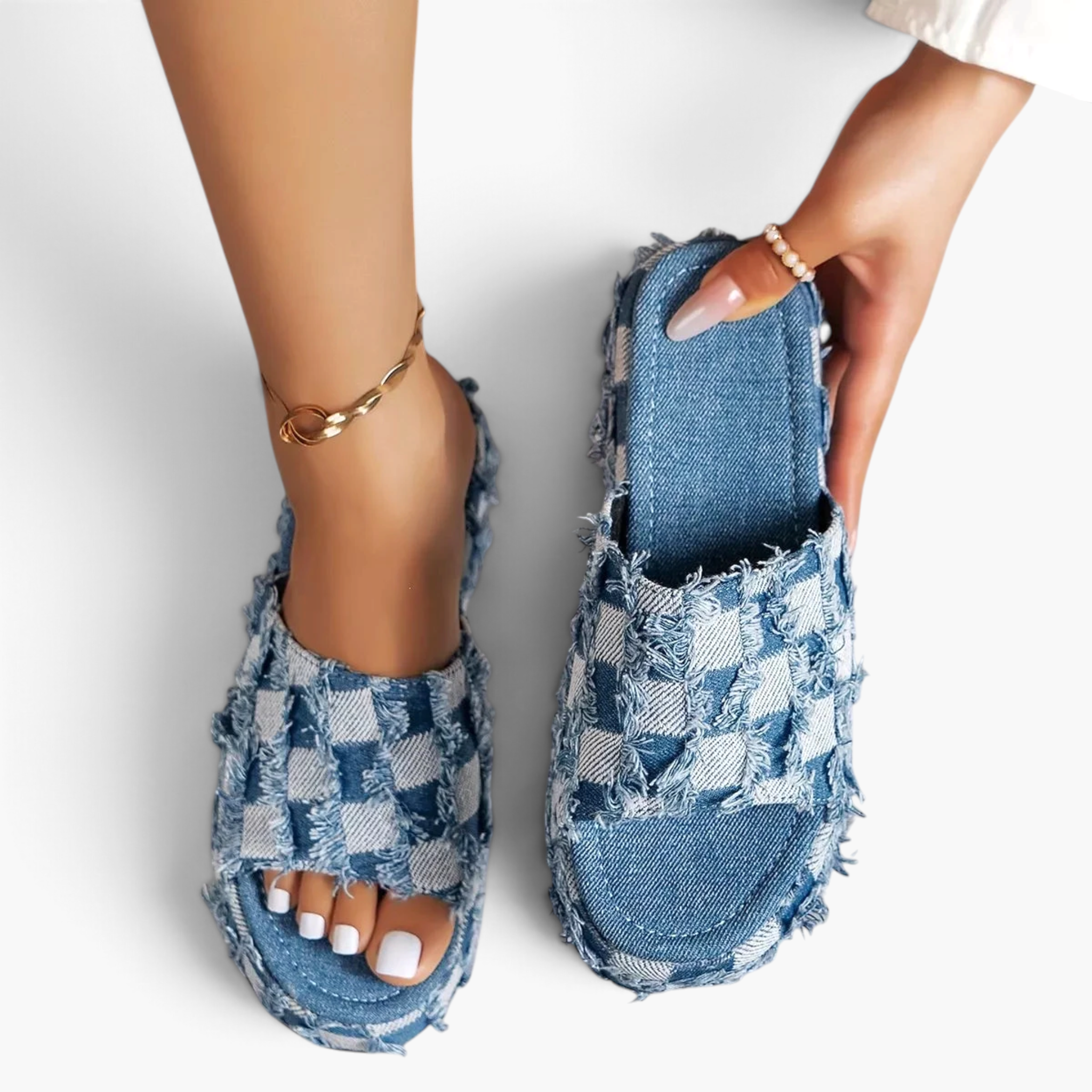 Beach Rose Co. blue checkered denim platform slides with frayed edges and a wide slip-on strap.