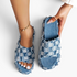 Beach Rose Co. blue checkered denim platform slides with frayed edges and a wide slip-on strap.
