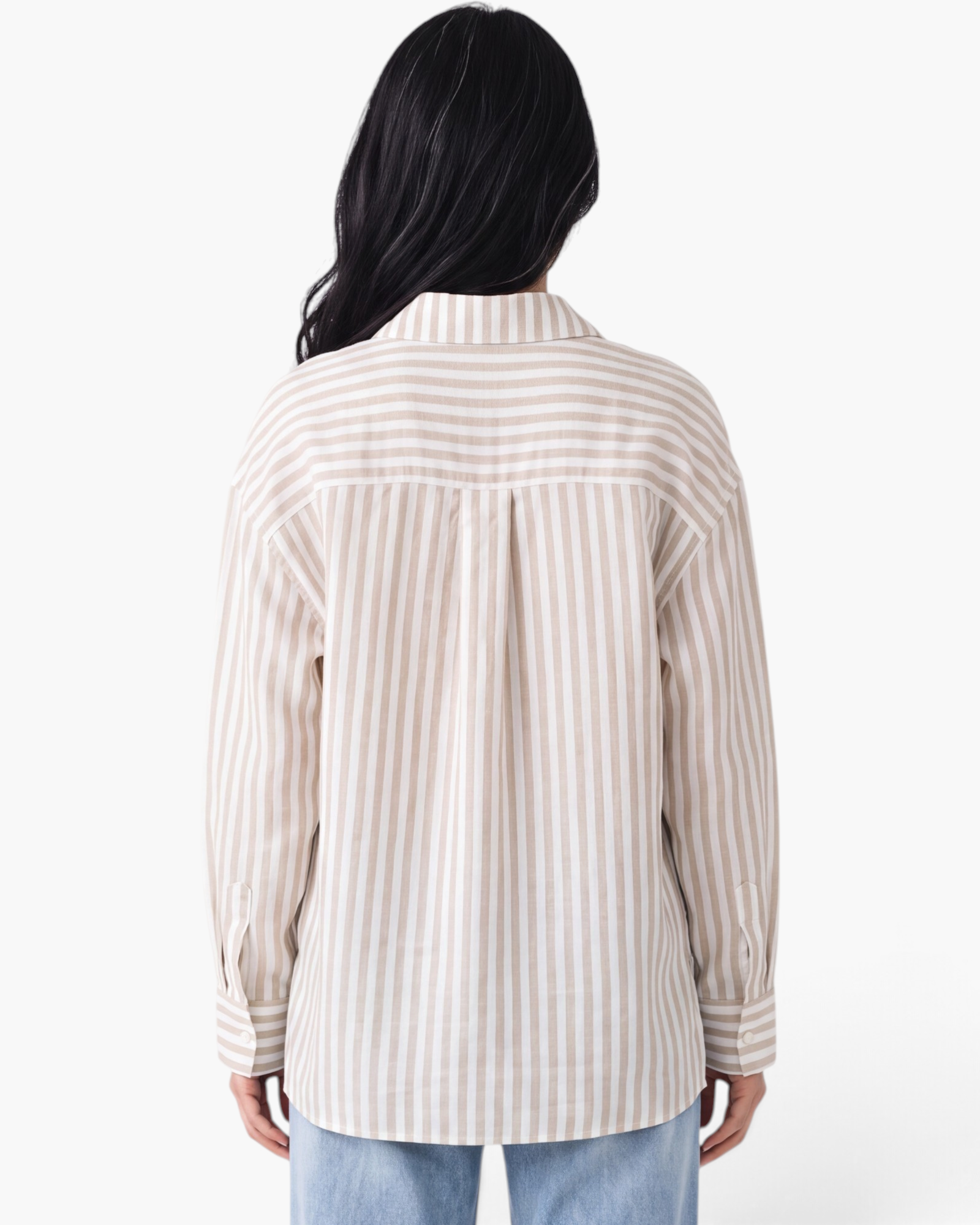 Back view of Beach Rose Co. beige and white striped polyester button-up shirt with a relaxed fit and back pleat.