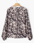 Beach Rose Co. charcoal and cream mixed animal print blouse with long raglan sleeves and a gathered back neckline.