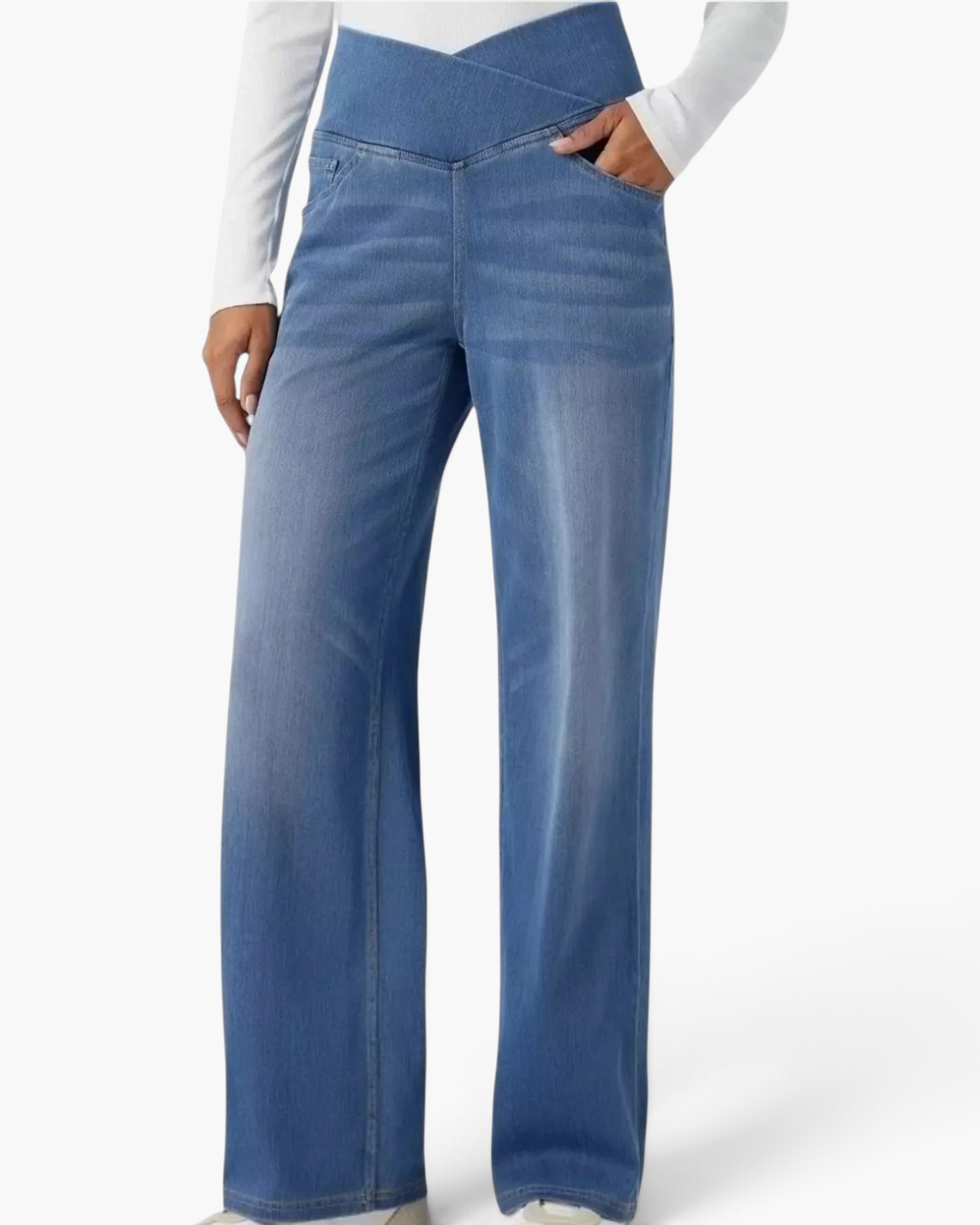 Beach Rose Co. blue stretch denim wide-leg jeans with a high-rise crossover waistband and subtle fading.