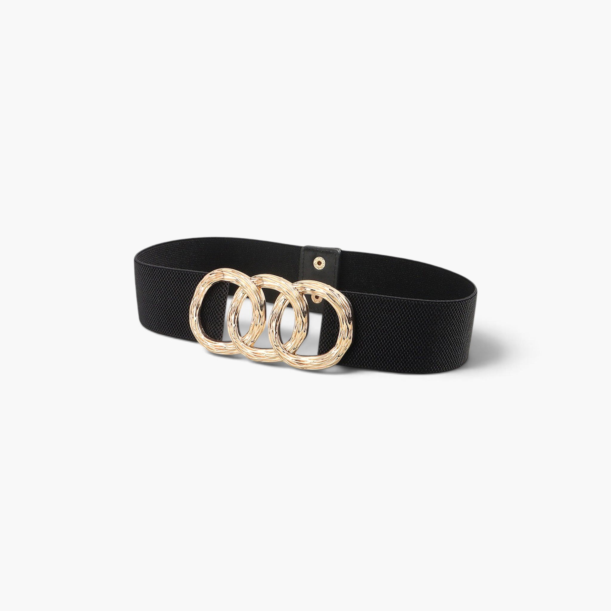 Beach Rose Co. black elastic stretch belt featuring a gold-tone triple ring buckle with textured metal detailing.