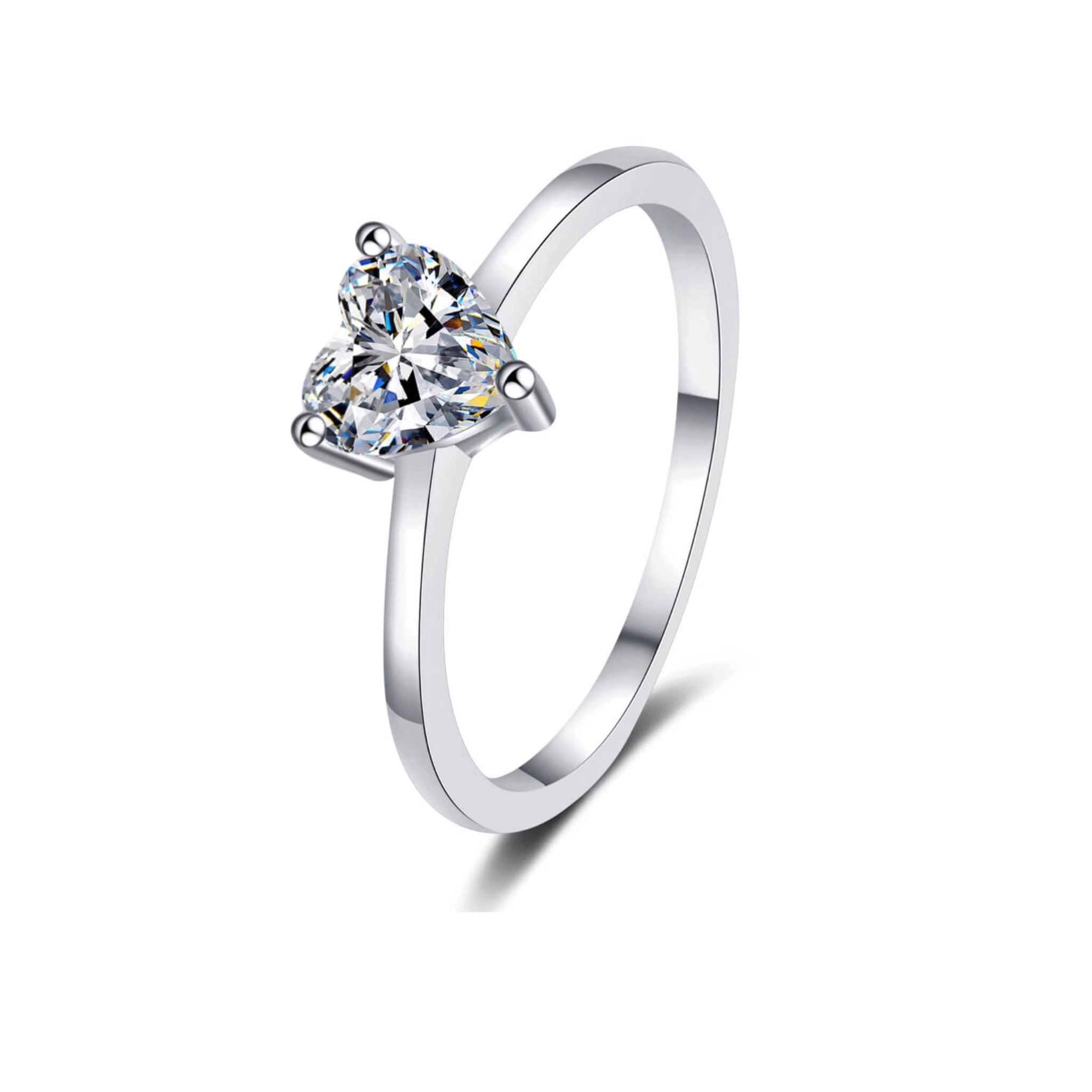 Beach Rose Co. heart-shaped moissanite solitaire ring in polished rhodium-plated sterling silver.