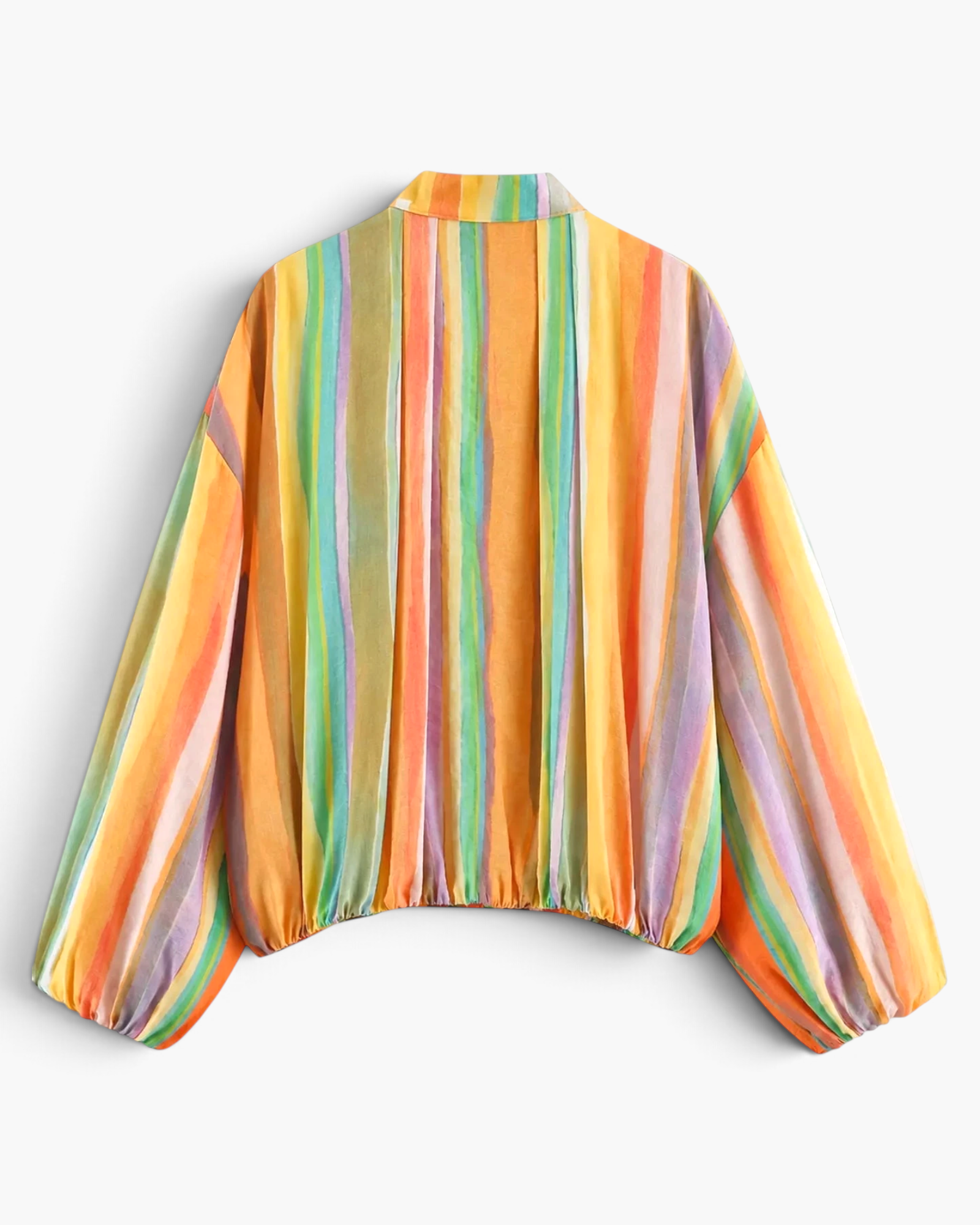Beach Rose Co. multicolored striped zip-up jacket with voluminous balloon sleeves and an elasticized hem.