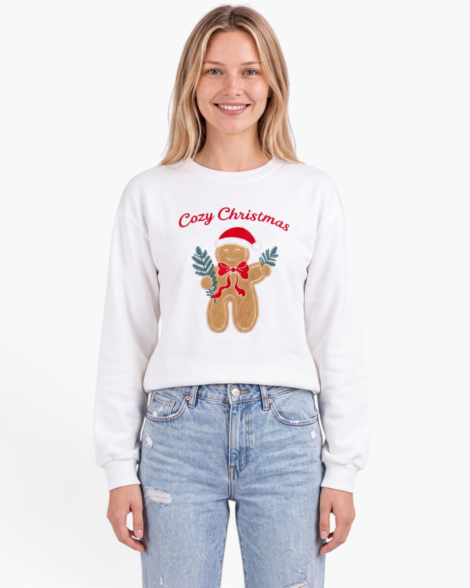 Beach Rose Co. white crewneck sweatshirt featuring a festive gingerbread man graphic and Cozy Christmas lettering.