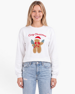 Beach Rose Co. white crewneck sweatshirt featuring a festive gingerbread man graphic and Cozy Christmas lettering.