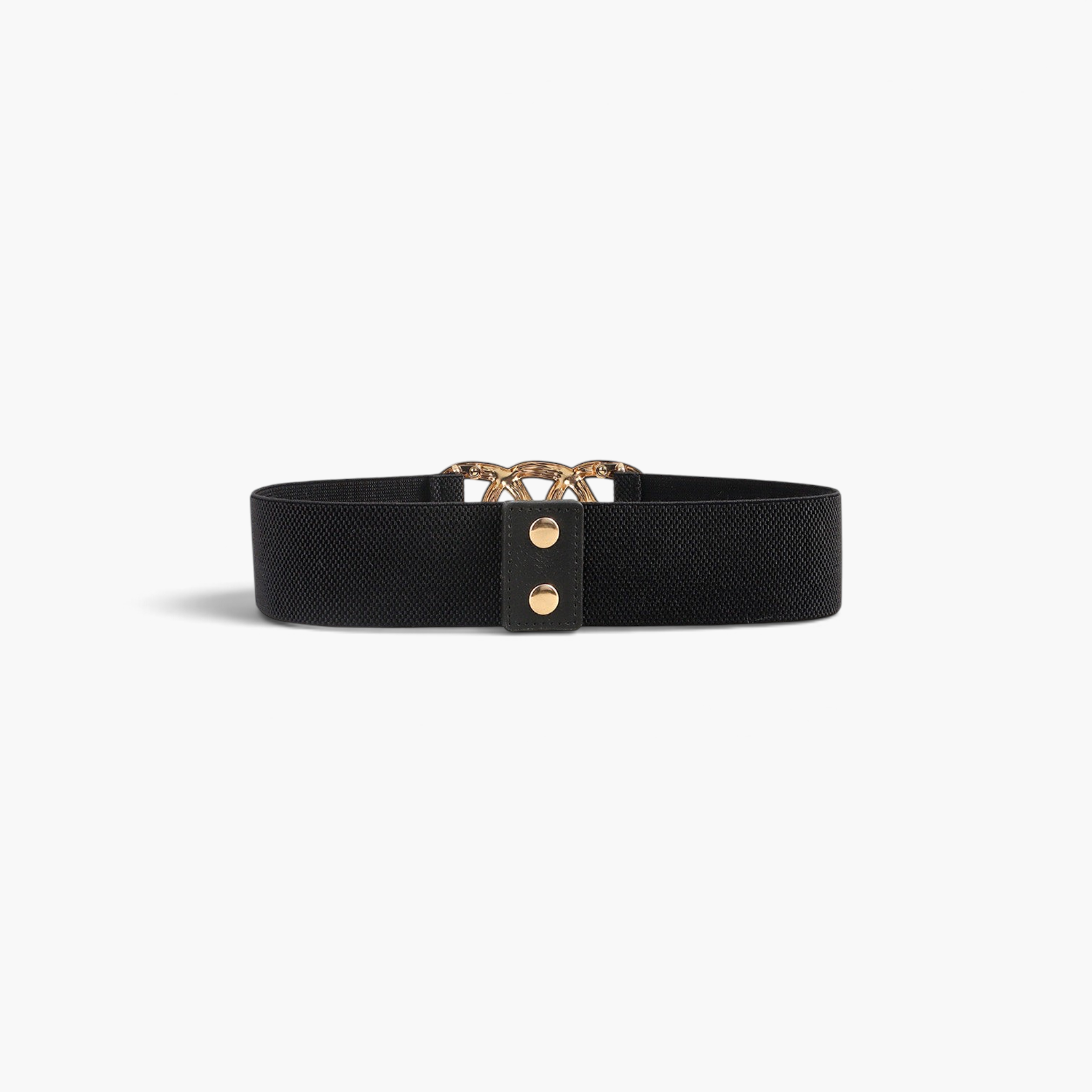 Beach Rose Co. wide black elastic belt featuring a gold-tone triple ring buckle with textured metal detailing.