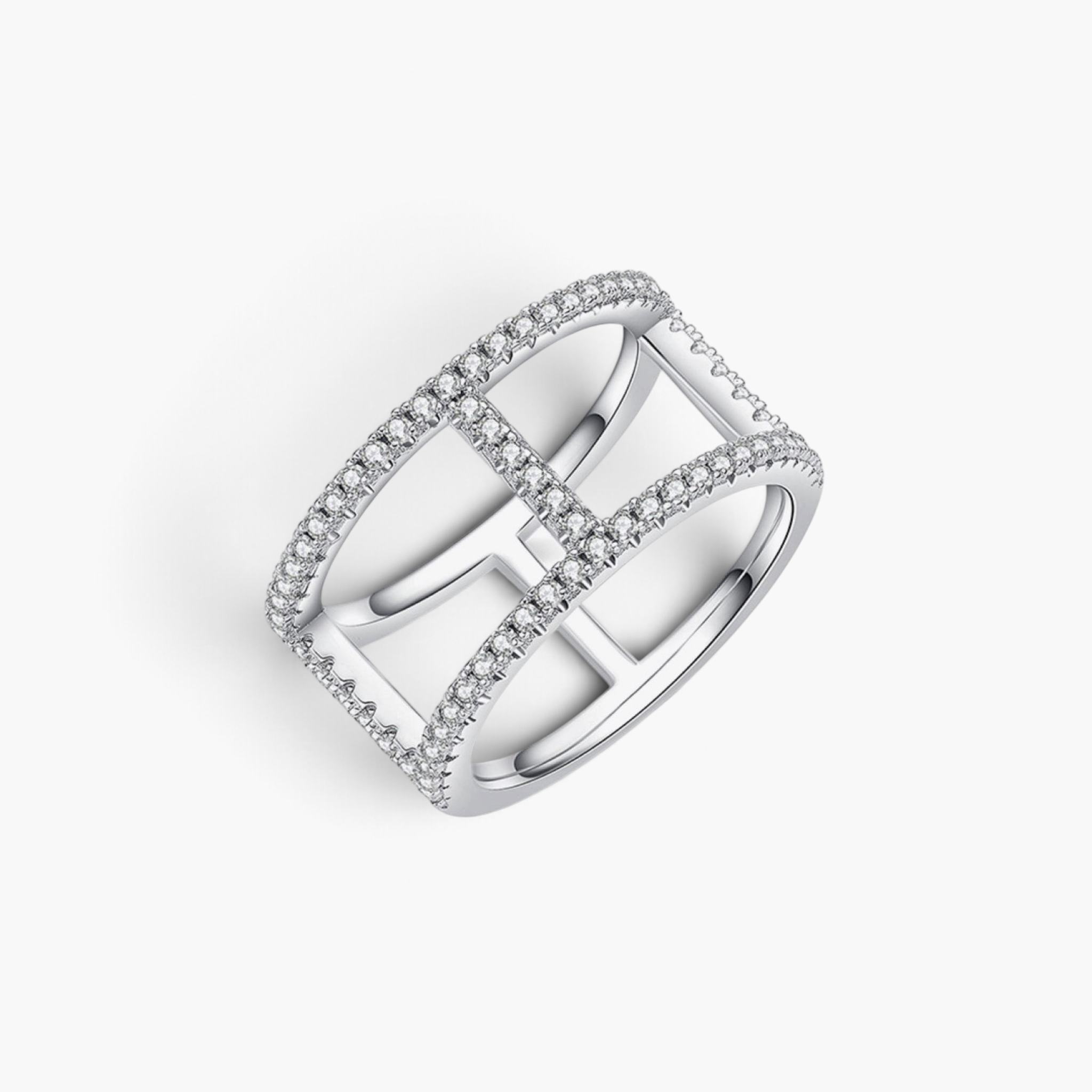 Beach Rose Co. sterling silver openwork ring with moissanite stones and a polished platinum-plated finish.