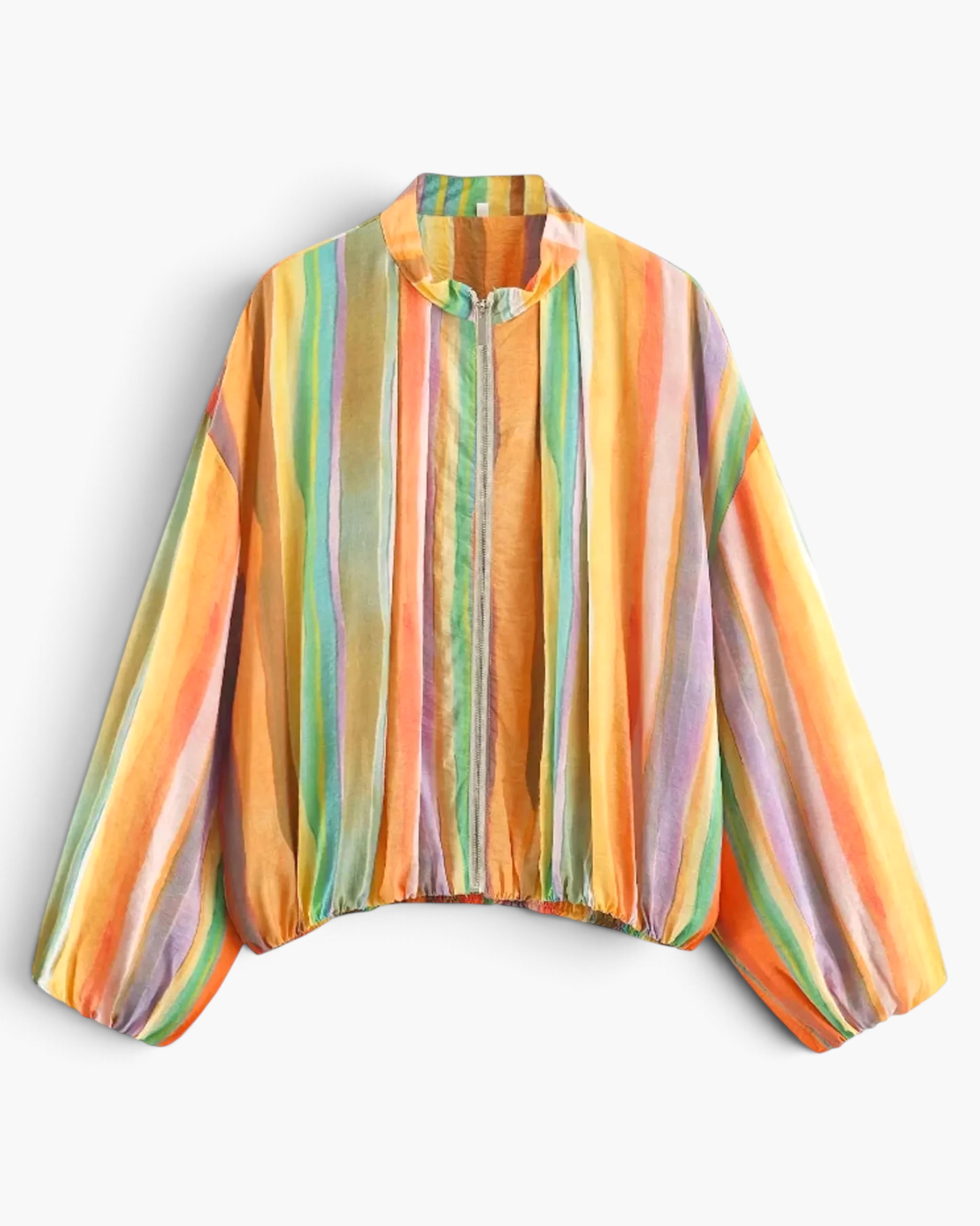 Beach Rose Co. multicolored striped zip-up jacket with balloon sleeves, stand collar, and elasticized hem.