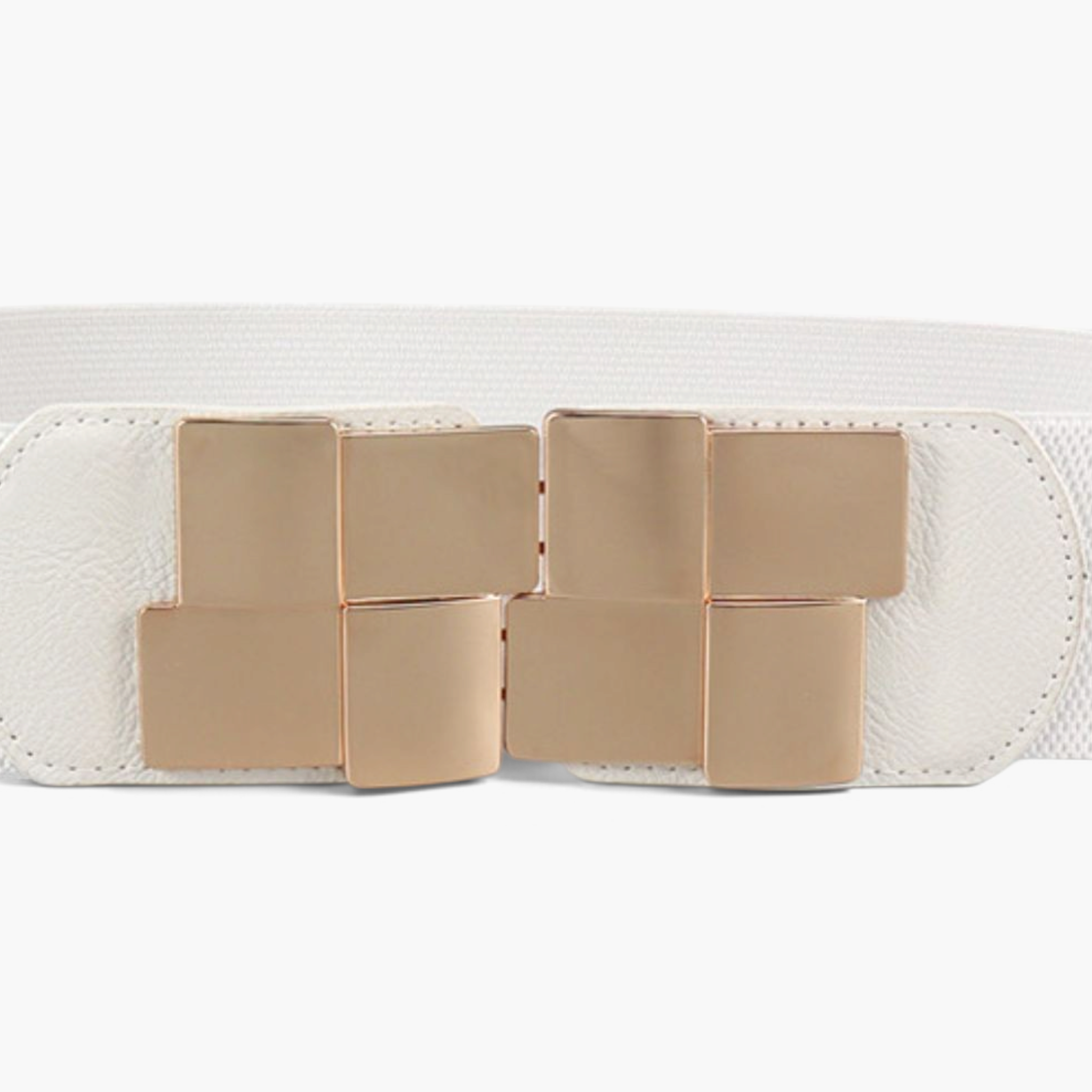 Beach Rose Co. white wide stretch belt with a gold-tone geometric rectangular buckle and PU leather accents.