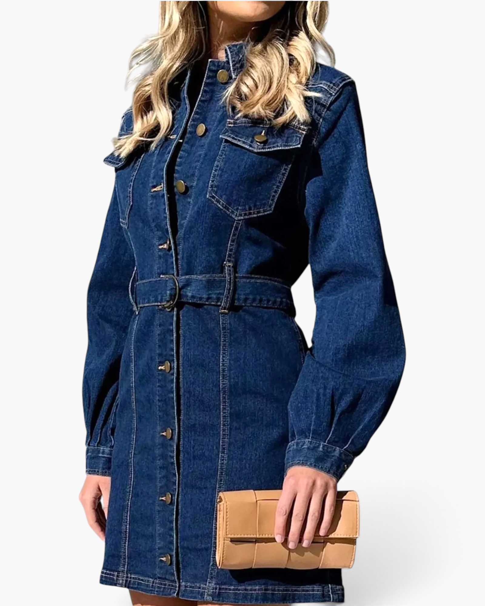 Beach Rose Co. dark blue denim-look shirt dress with a collared neckline, button front, and matching D-ring belt.
