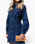 Beach Rose Co. dark blue denim-look shirt dress with a collared neckline, button front, and matching D-ring belt.