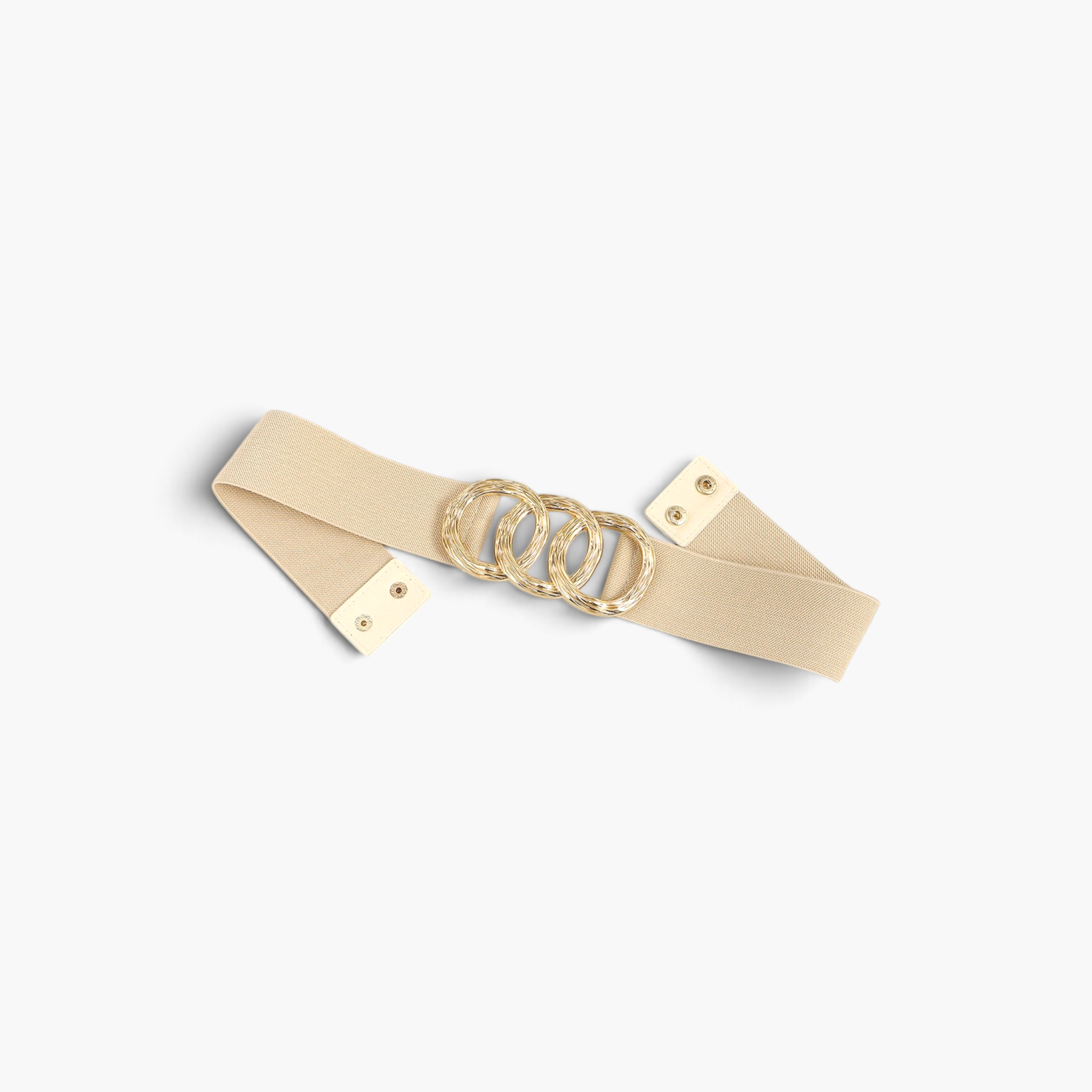 Beach Rose Co. beige wide elastic stretch belt with a triple overlapping textured gold-tone metal ring buckle.