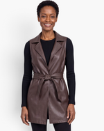 Beach Rose Co. brown faux leather longline vest with notched lapels and a matching waist tie belt.