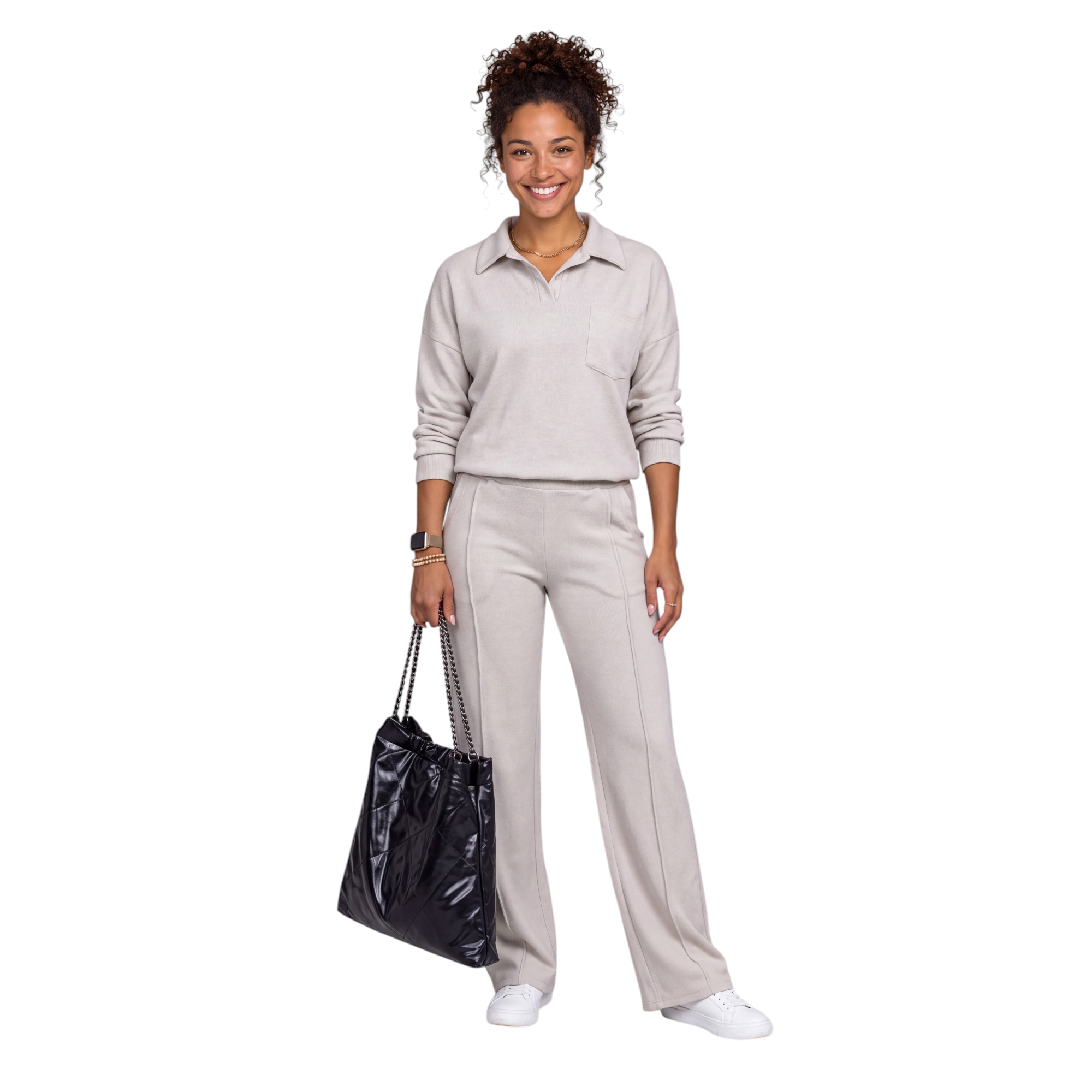Beach Rose Co. cream two-piece set with a collared pullover and wide-leg pants featuring raised front seam details.