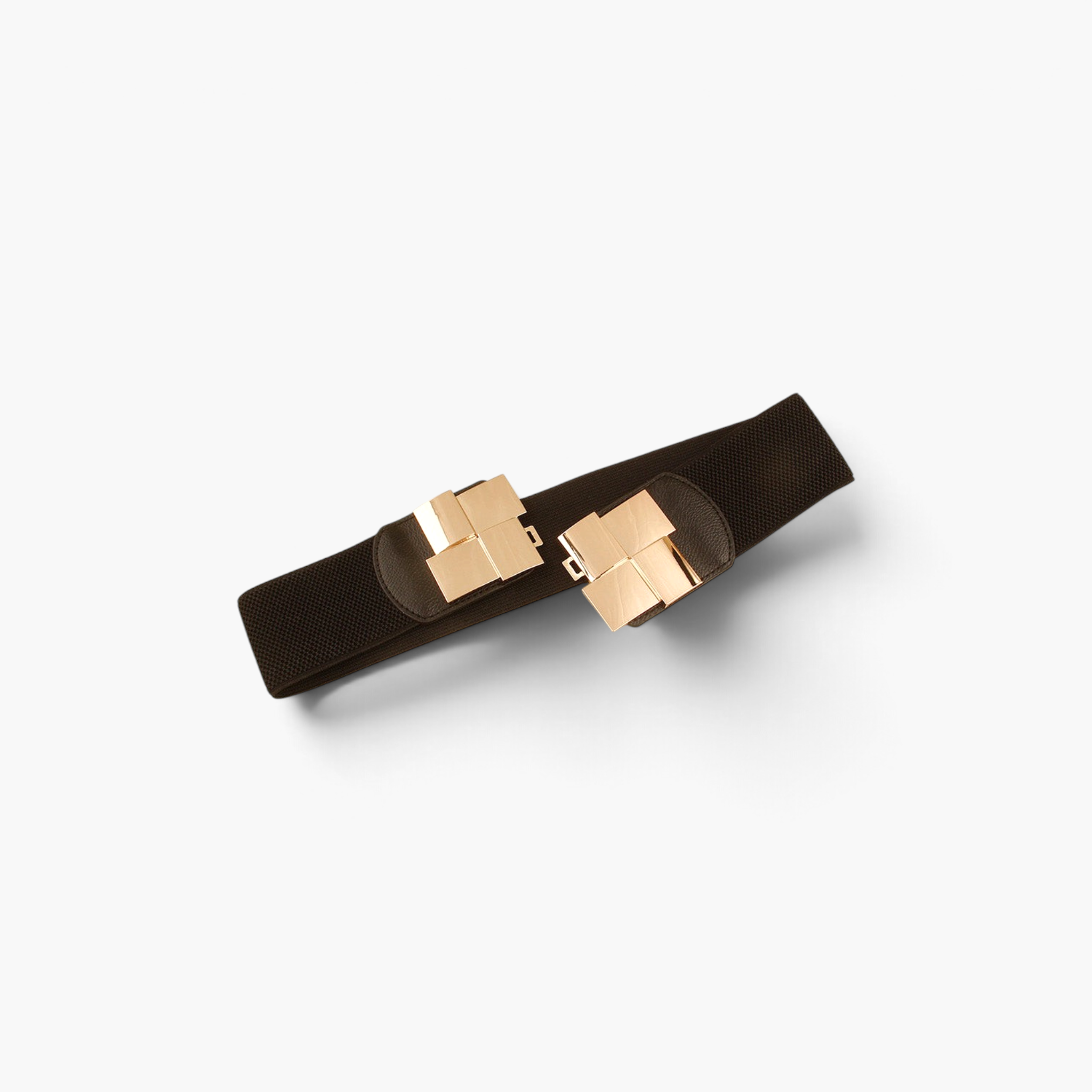 Beach Rose Co. wide black elastic belt featuring a gold geometric statement buckle with PU leather accents.
