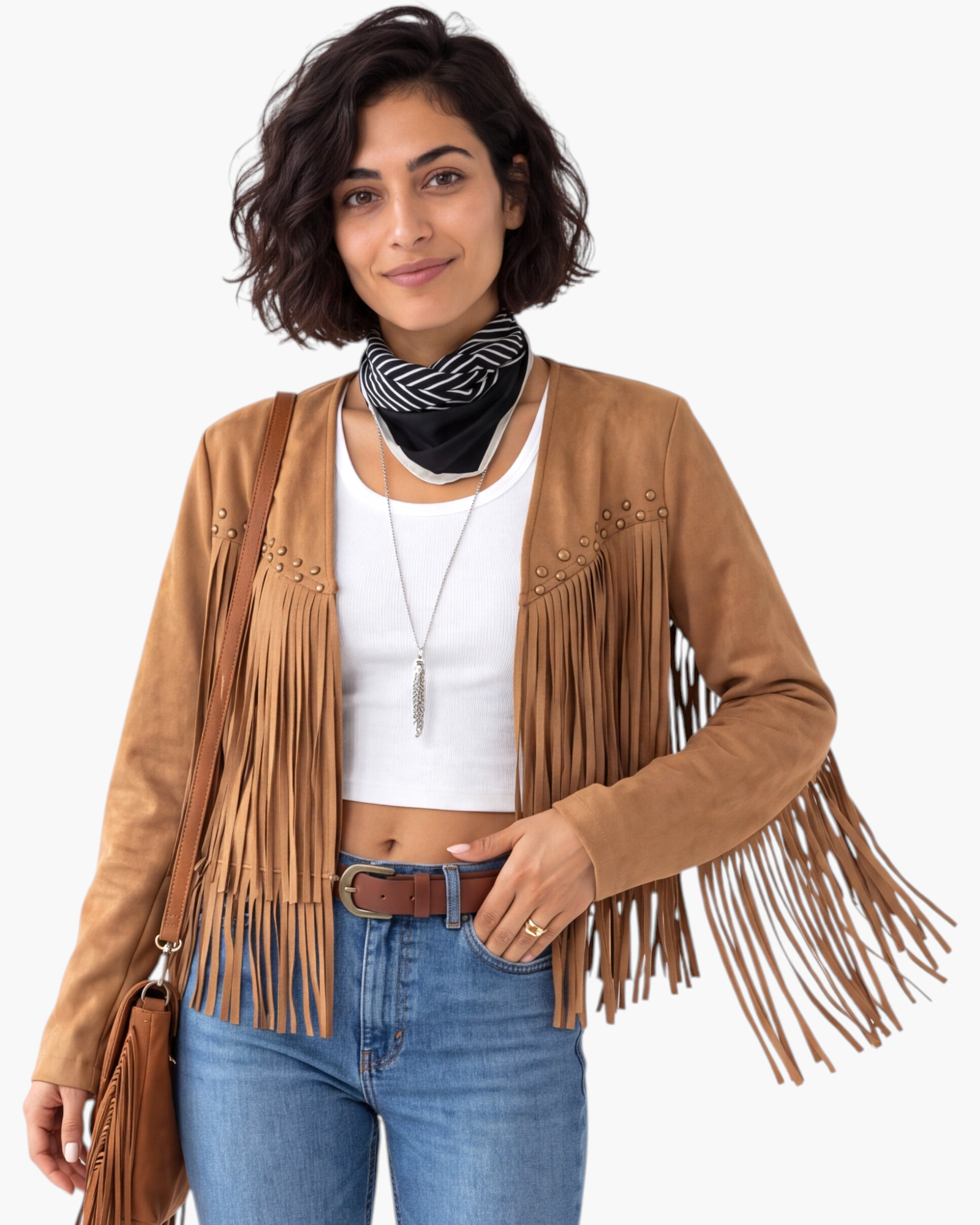 Beach Rose Co. tan faux suede jacket with long fringe, stud detailing, and an open-front collarless design.