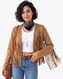 Beach Rose Co. tan faux suede jacket with long fringe, stud detailing, and an open-front collarless design.
