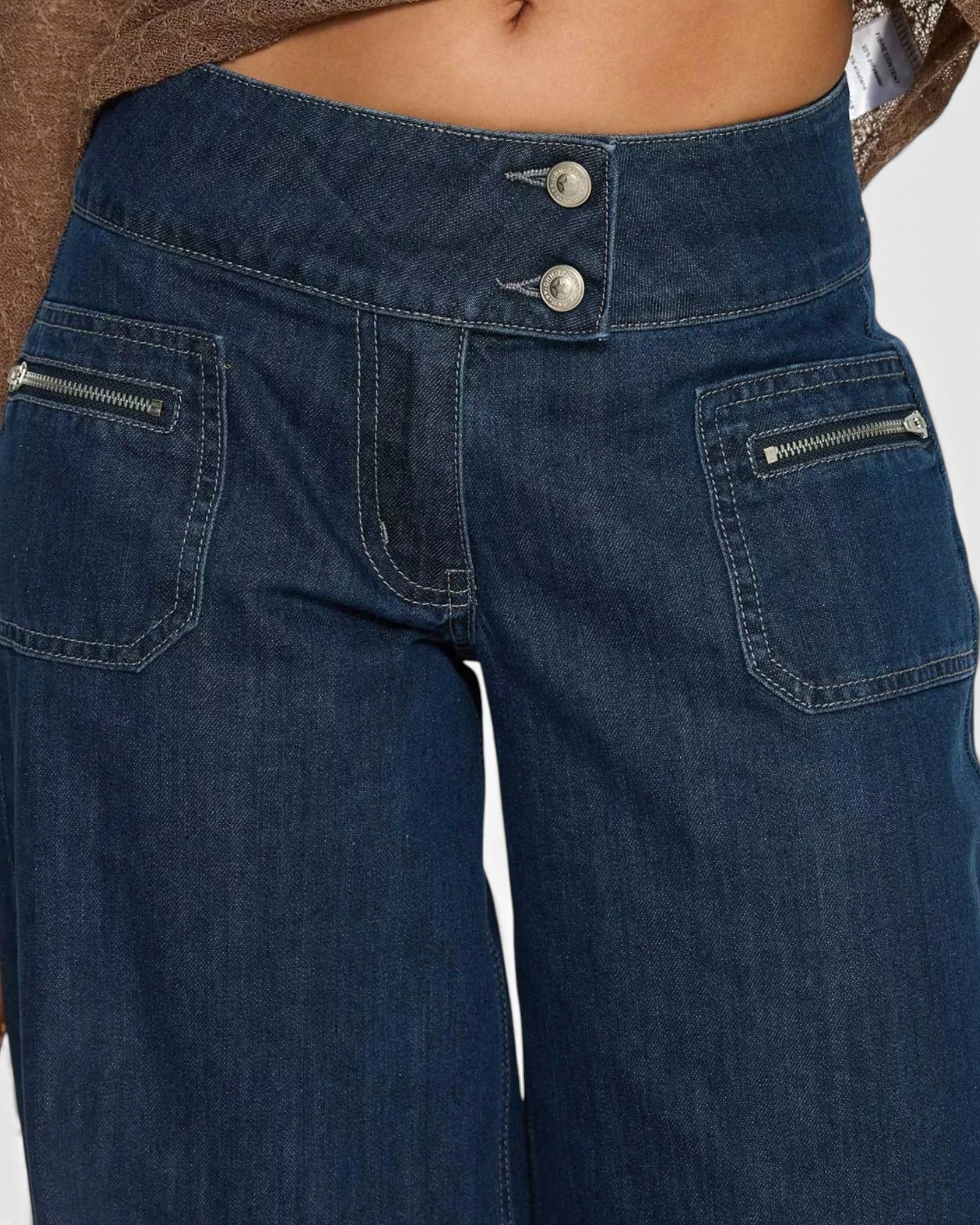 Beach Rose Co. dark wash wide-leg jeans with a double-button high waistband and zippered front patch pockets.