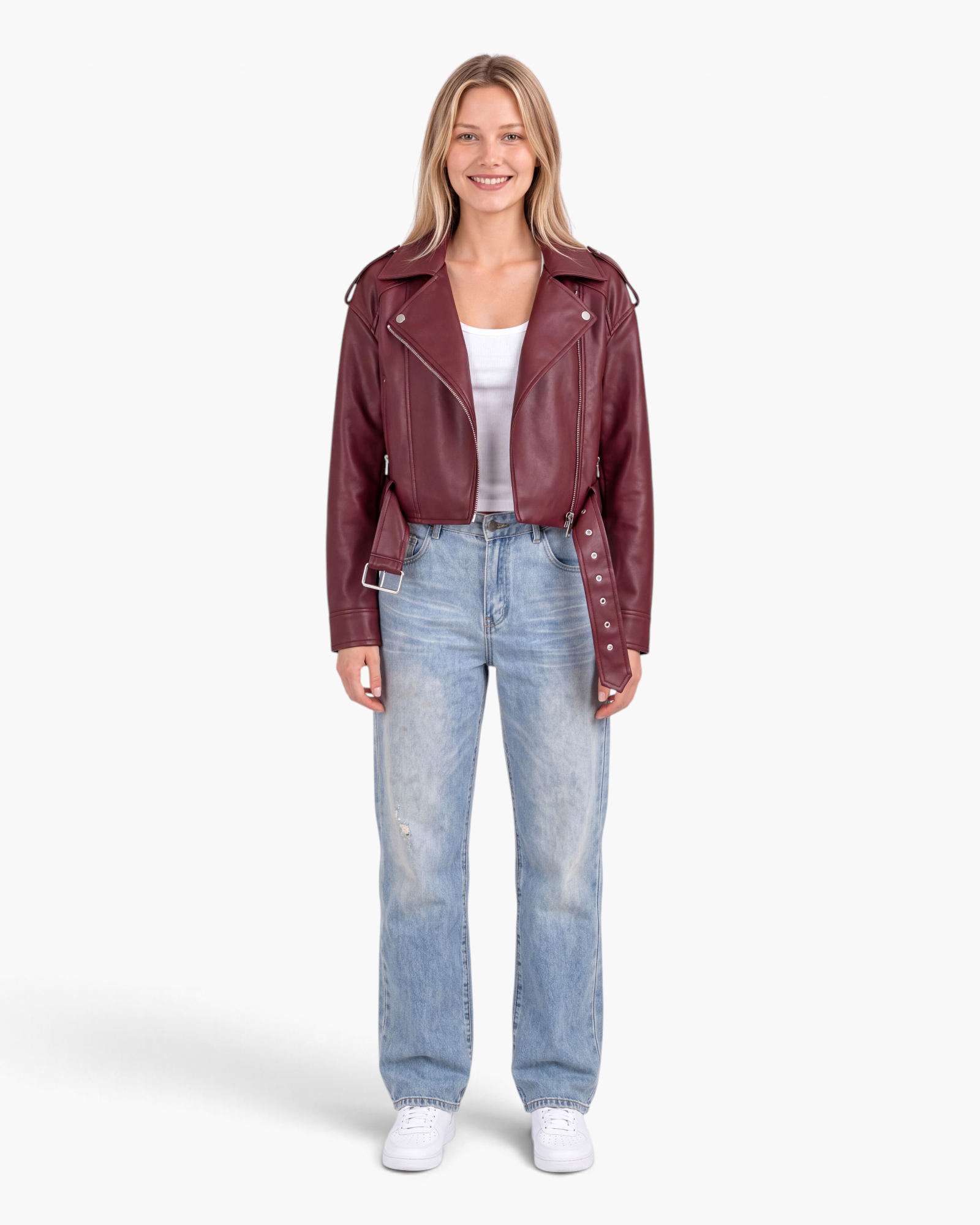Beach Rose Co. burgundy faux leather moto jacket with asymmetrical zipper, shoulder epaulets, and grommet belt.
