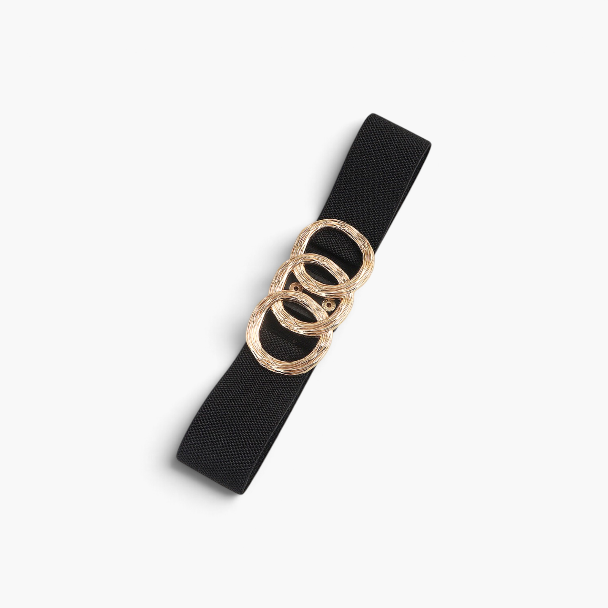 Beach Rose Co. black wide elastic stretch belt with a triple overlapping textured gold-tone metal ring buckle.