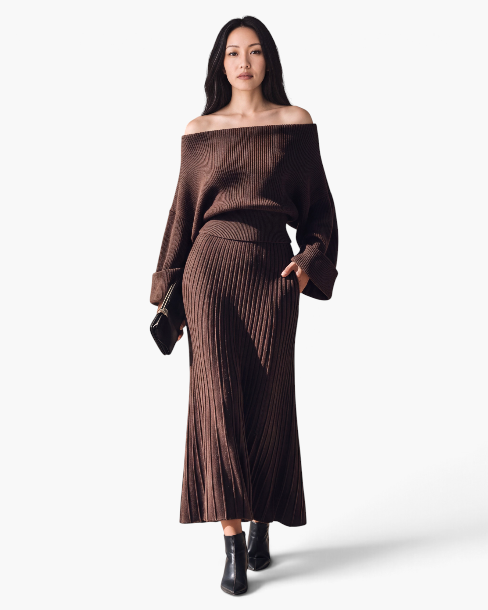 Beach Rose Co. chocolate brown off-shoulder ribbed sweater and midi skirt set with flared hem.