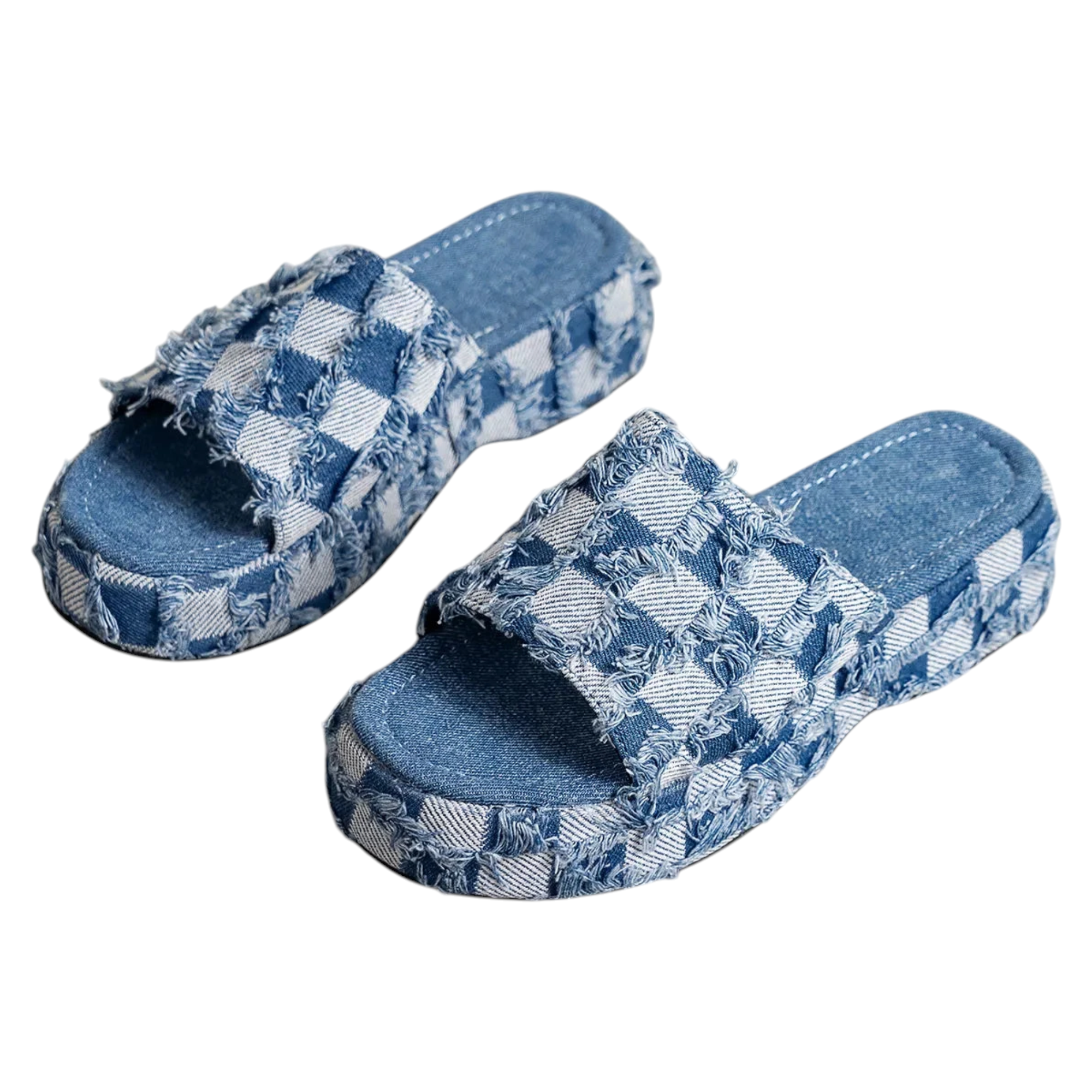 Beach Rose Co. blue checkered denim platform slides with frayed edges and a wide slip-on strap.