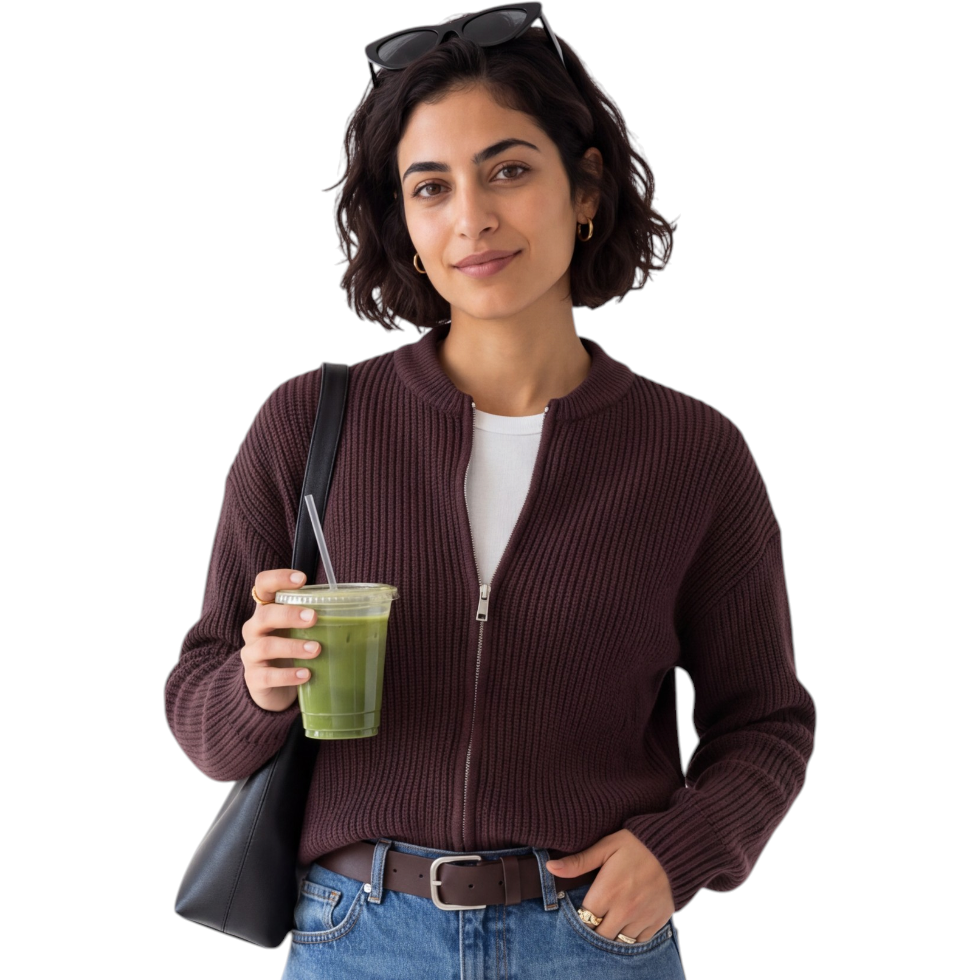 Beach Rose Co. coffee brown zip-up knit cardigan with ribbed collar and cuffs worn by a woman holding a drink.