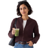 Beach Rose Co. coffee brown zip-up knit cardigan with ribbed collar and cuffs worn by a woman holding a drink.