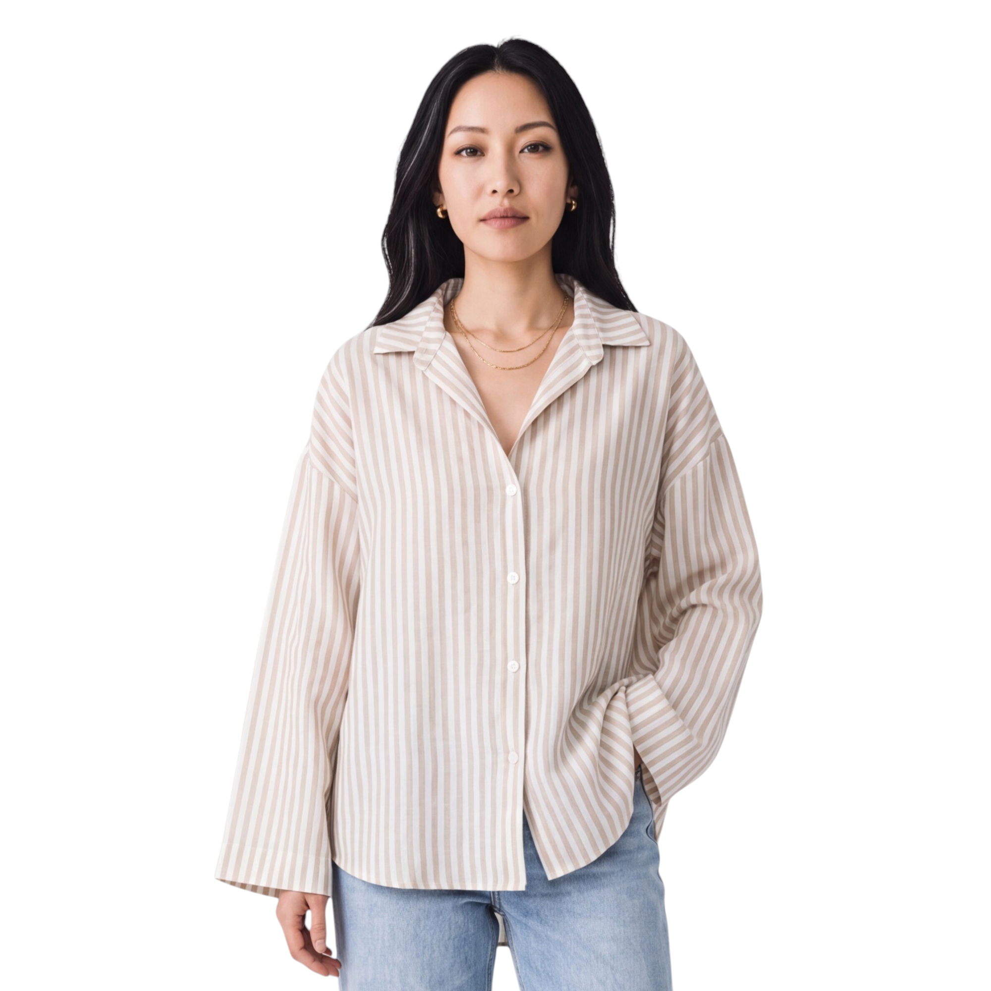 Beach Rose Co. beige and white striped button-up shirt with a relaxed fit, collared neckline, and wide long sleeves.