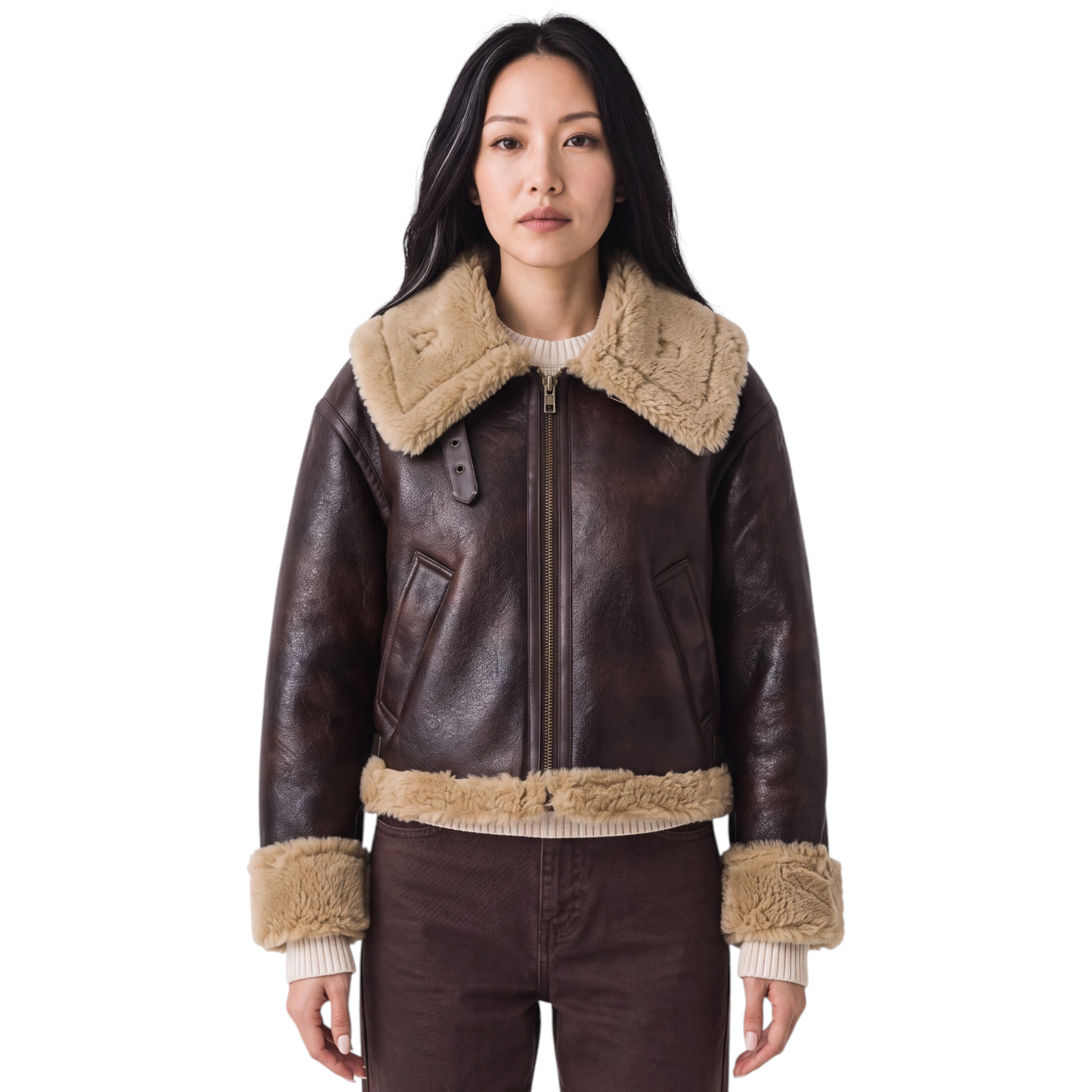 Beach Rose Co. brown faux leather aviator jacket with tan faux shearling collar, cuffs, and hem.