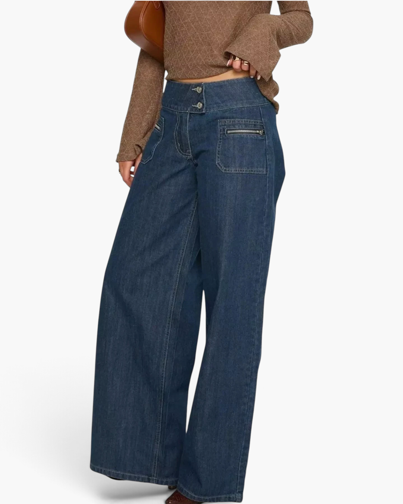 Beach Rose Co. dark wash wide-leg jeans with a double-button high waistband and zippered front patch pockets.