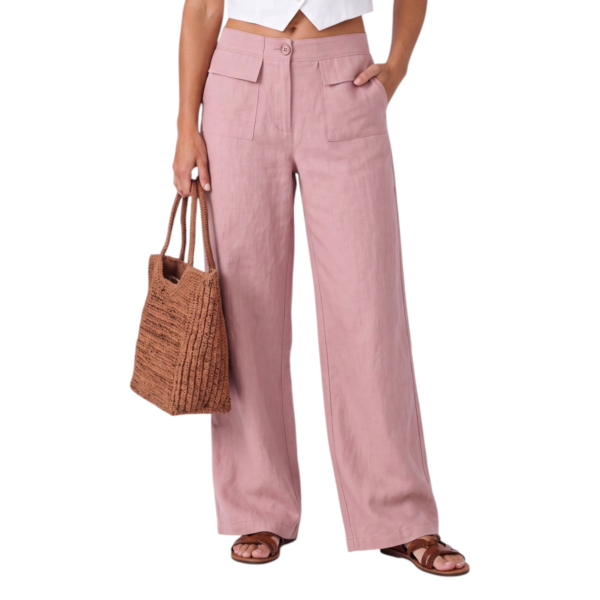 Beach Rose Co. pink wide-leg cotton blend pants with utility-style front flap pockets and a flat waistband.
