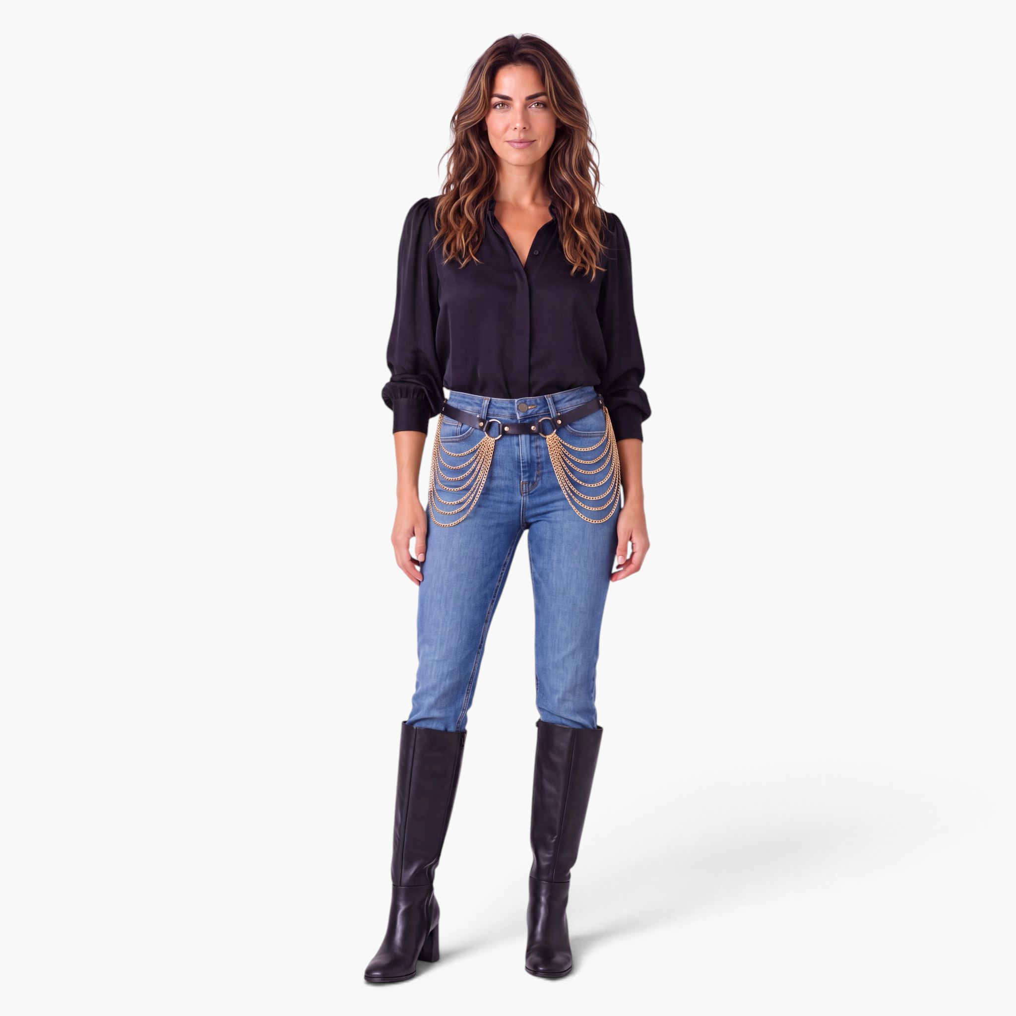 Beach Rose Co. layered gold chain waist belt with slim black PU strap worn over blue jeans