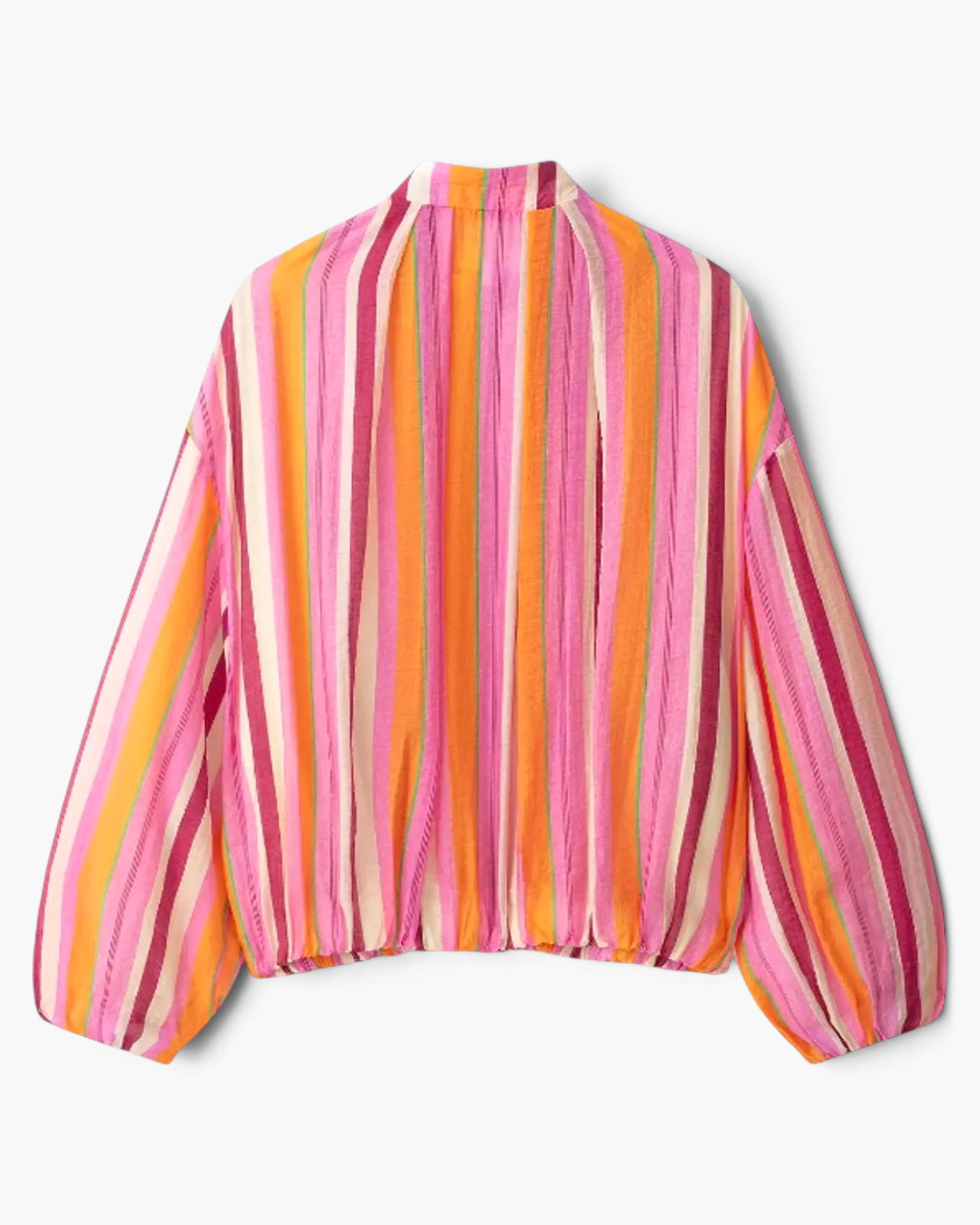 Beach Rose Co. multi-colored vertical striped zip-up jacket with balloon sleeves and elasticized hem, back view.