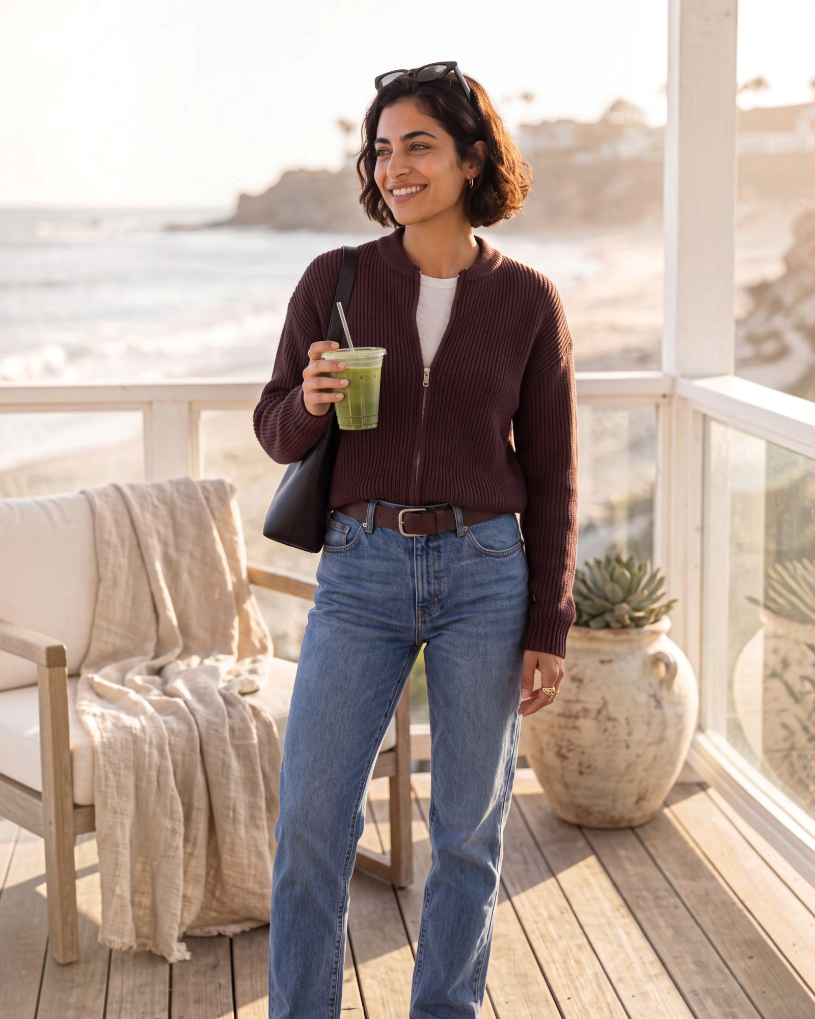 Beach Rose Co. coffee brown zip-up knit cardigan with ribbed trim worn over a white tee and blue jeans on a deck.