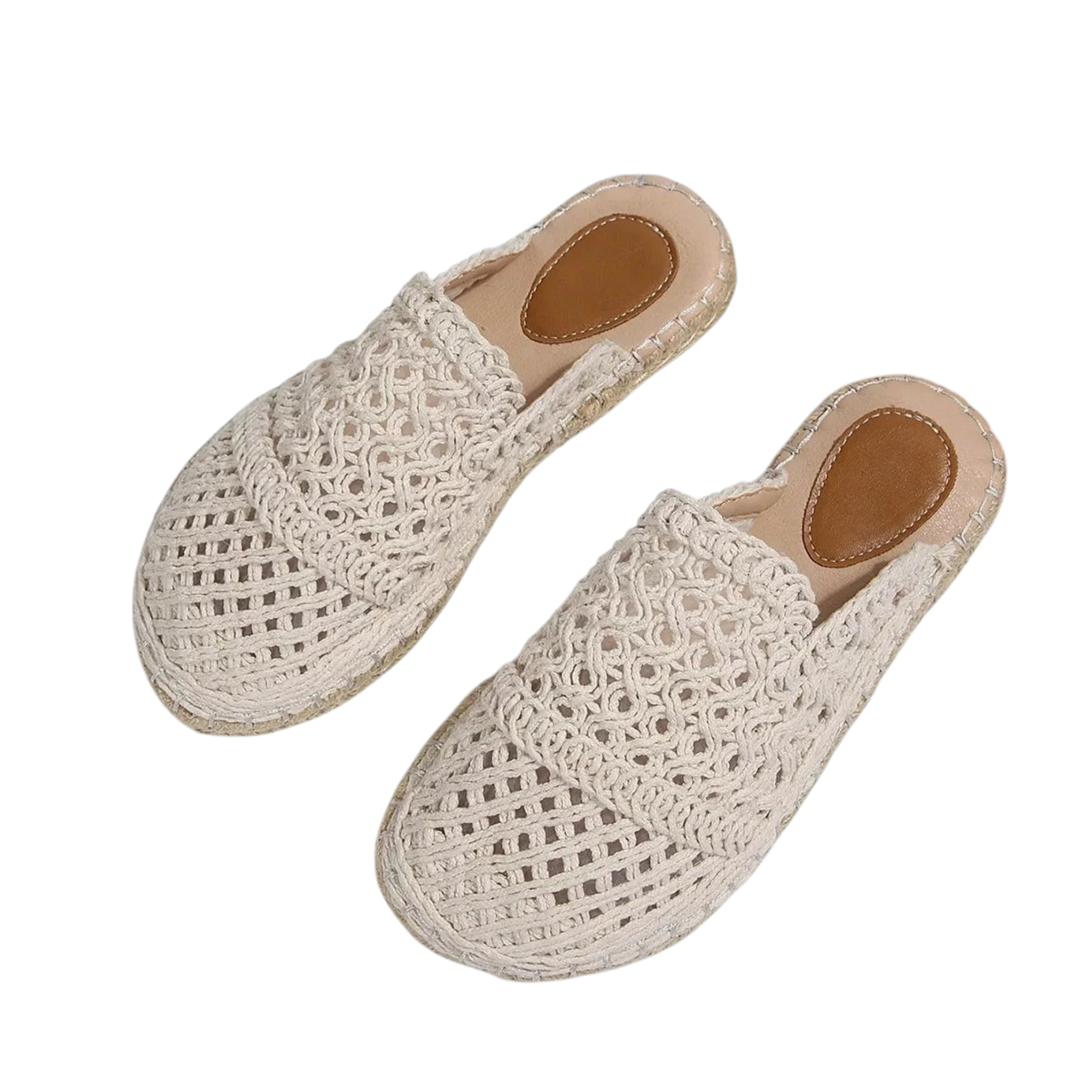 Beach Rose Co. beige crochet-style mesh espadrille mules with braided sole trim and a closed round toe.