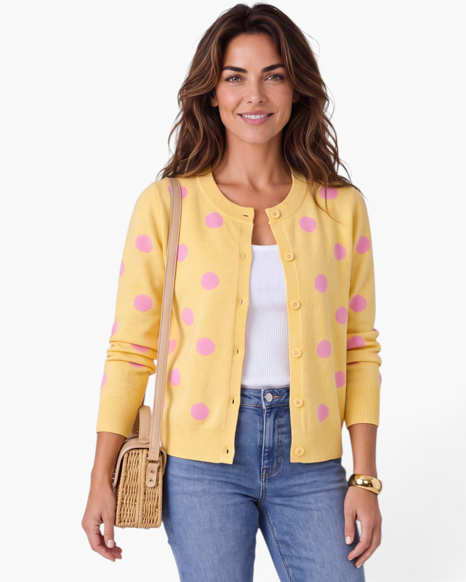 Beach Rose Co. yellow knit cardigan with pink polka dots, round neckline, and button-front closure.